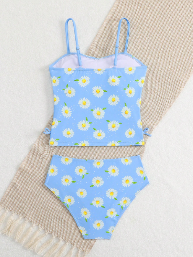 Tween Girls Blue Floral Print Tankini Bikini Set with Spaghetti Straps & Ruched Waist, 2-Piece Swimwear for Beach, Pool & Summer Vacation