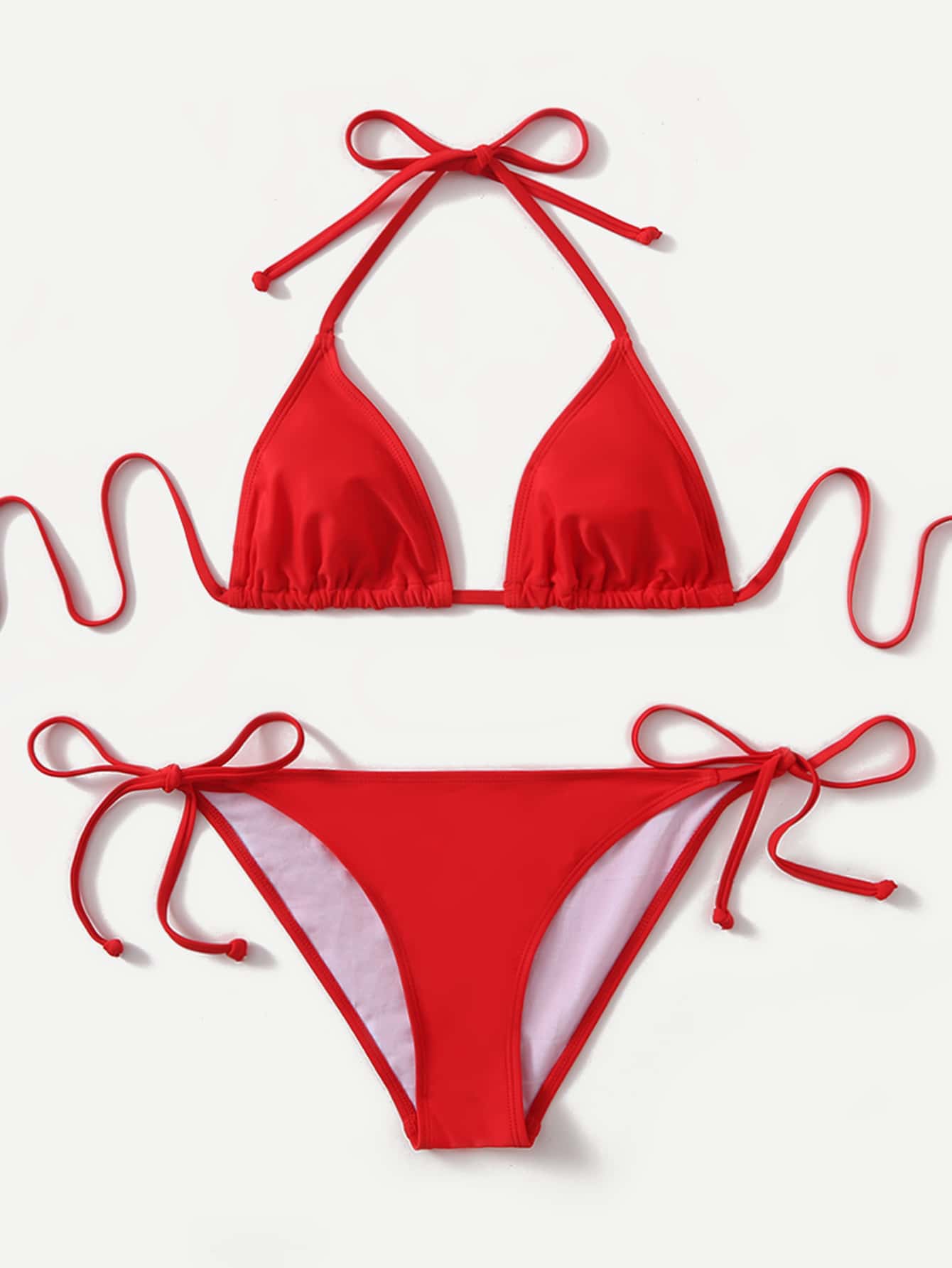Women's high waist halter tie bikini swimwear set featuring triangle cups, wireless bra with removable padding, and tie side bottoms.