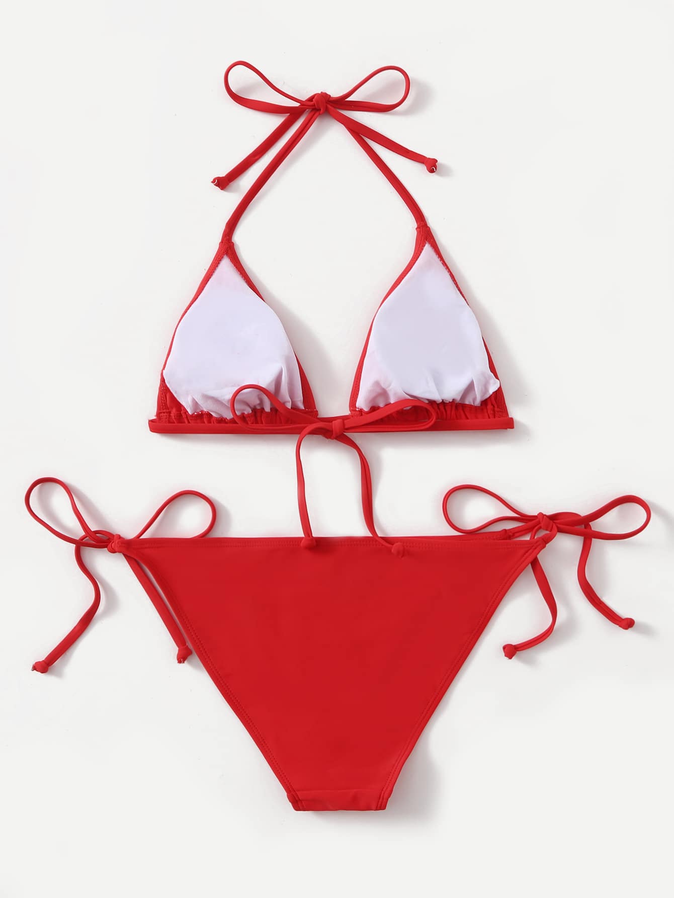 Women's high waist halter tie bikini swimwear set featuring triangle cups, wireless bra with removable padding, and tie side bottoms.