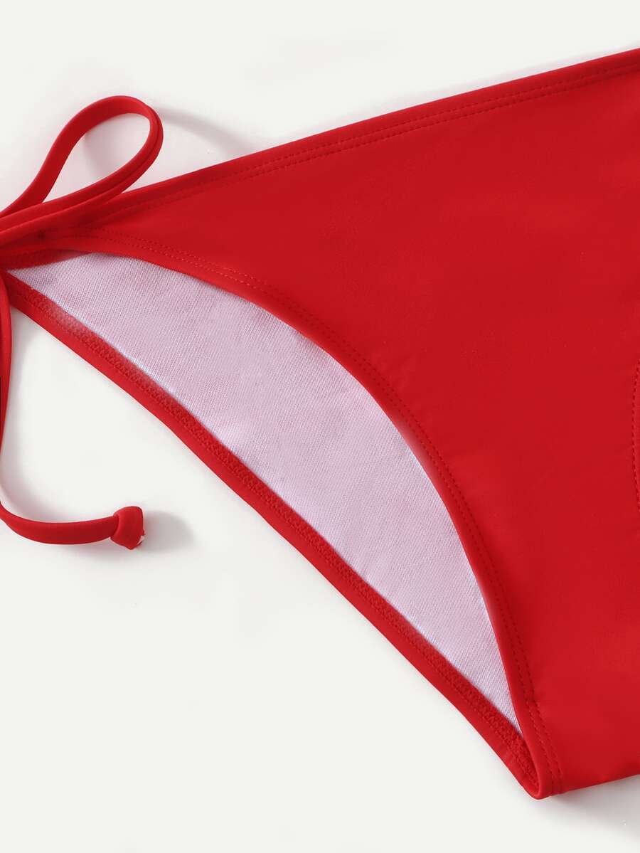 Women's high waist halter tie bikini swimwear set featuring triangle cups, wireless bra with removable padding, and tie side bottoms.