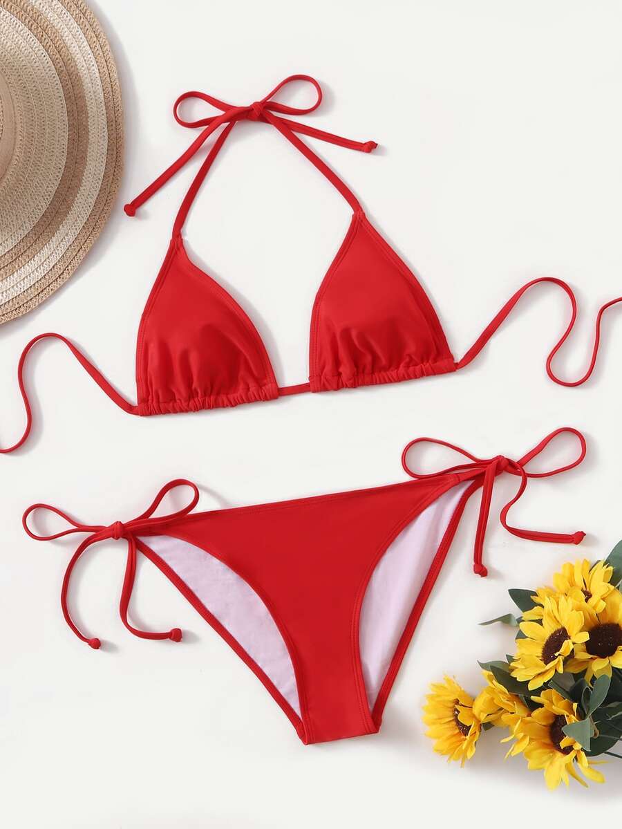 Women's high waist halter tie bikini swimwear set featuring triangle cups, wireless bra with removable padding, and tie side bottoms.