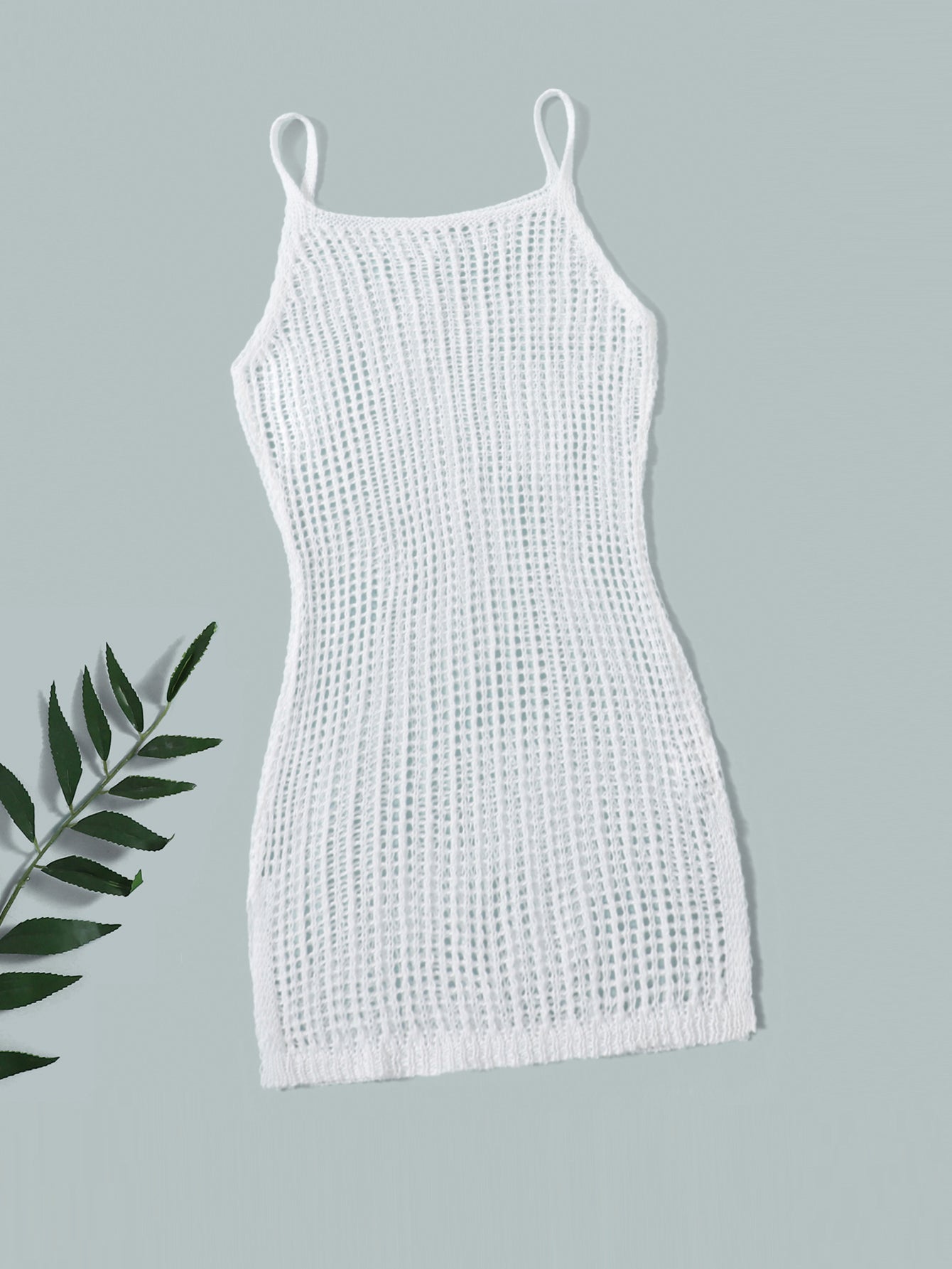 Tween girl plain knitted sheer long cover up with spaghetti straps and sleeveless design in white polyester fabric for beachwear