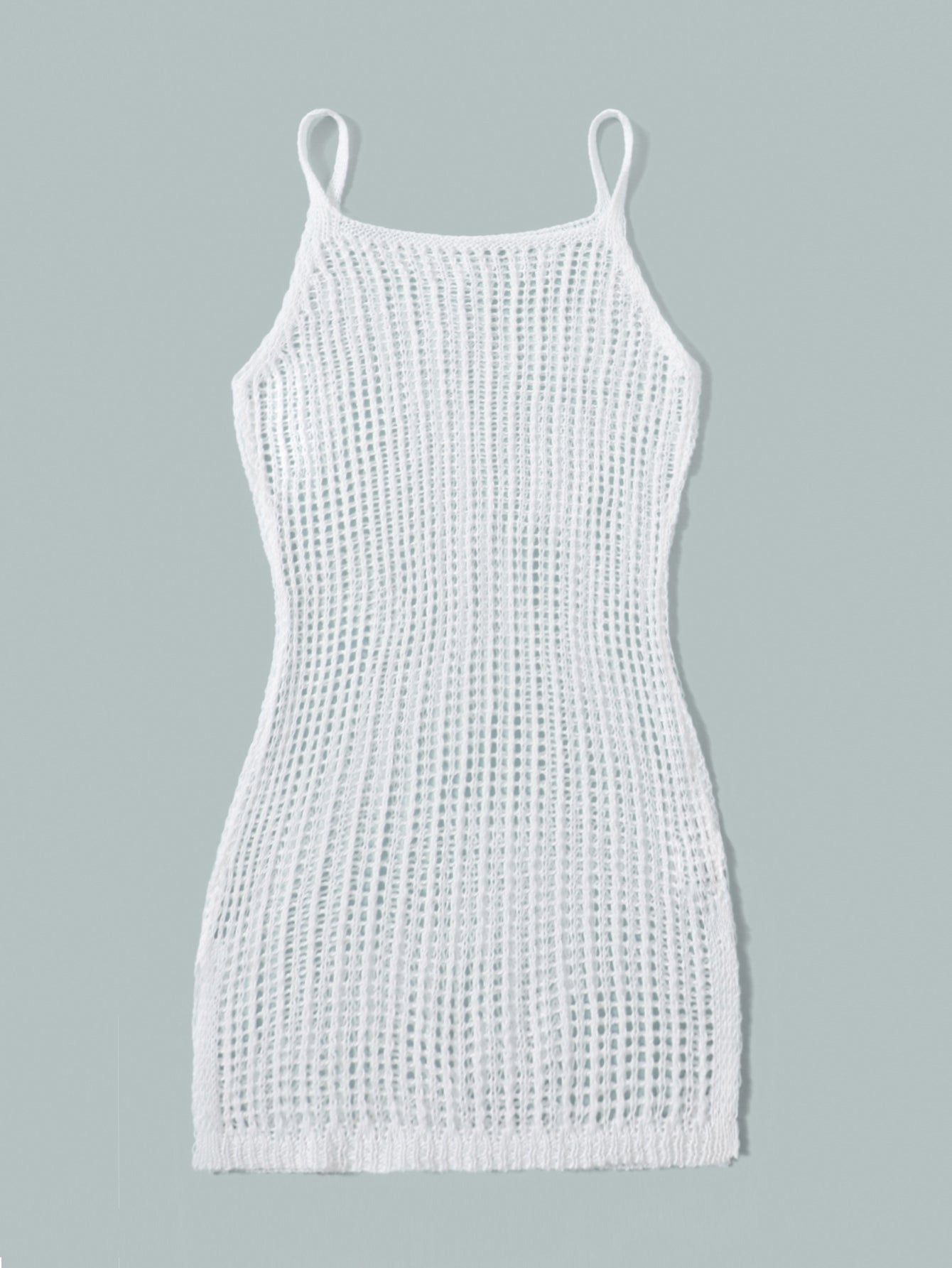 Tween girl plain knitted sheer long cover up with spaghetti straps and sleeveless design in white polyester fabric for beachwear