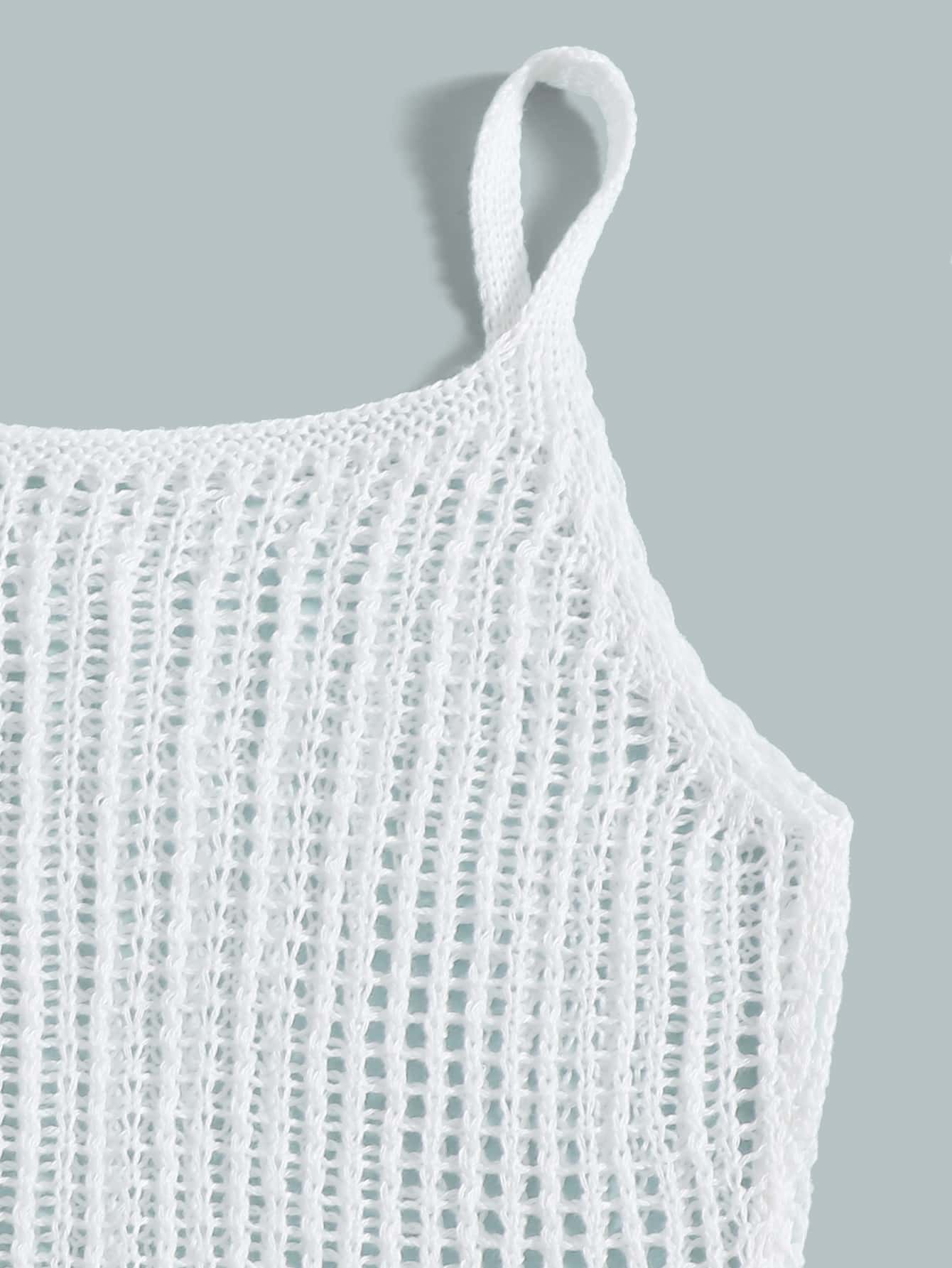 Tween girl plain knitted sheer long cover up with spaghetti straps and sleeveless design in white polyester fabric for beachwear