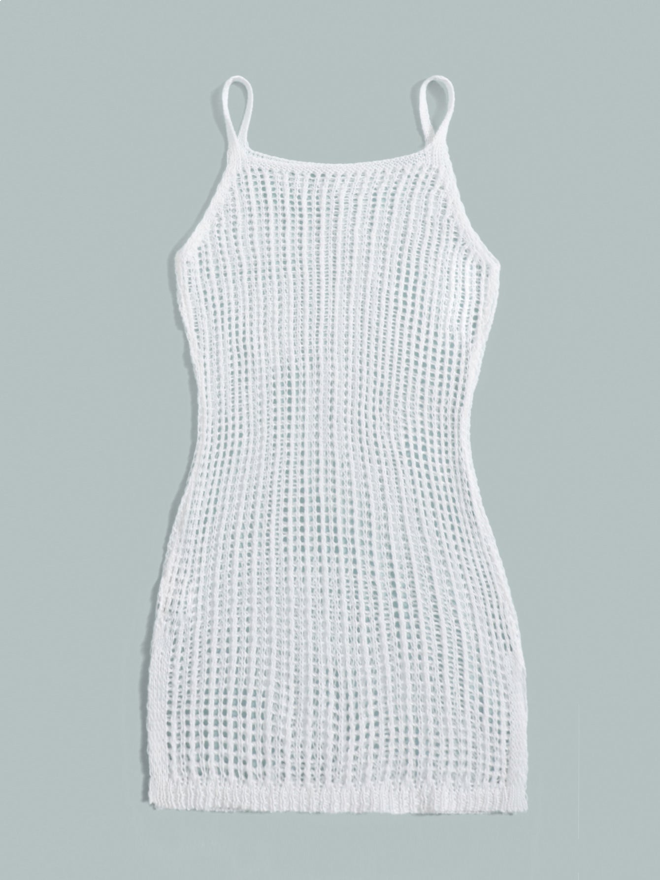 Tween girl plain knitted sheer long cover up with spaghetti straps and sleeveless design in white polyester fabric for beachwear