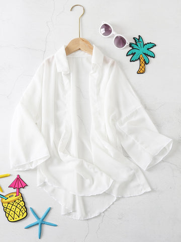 White ruffle kimono cover-up for tween girls, semi-sheer swimwear layer with three-quarter sleeves and regular length.