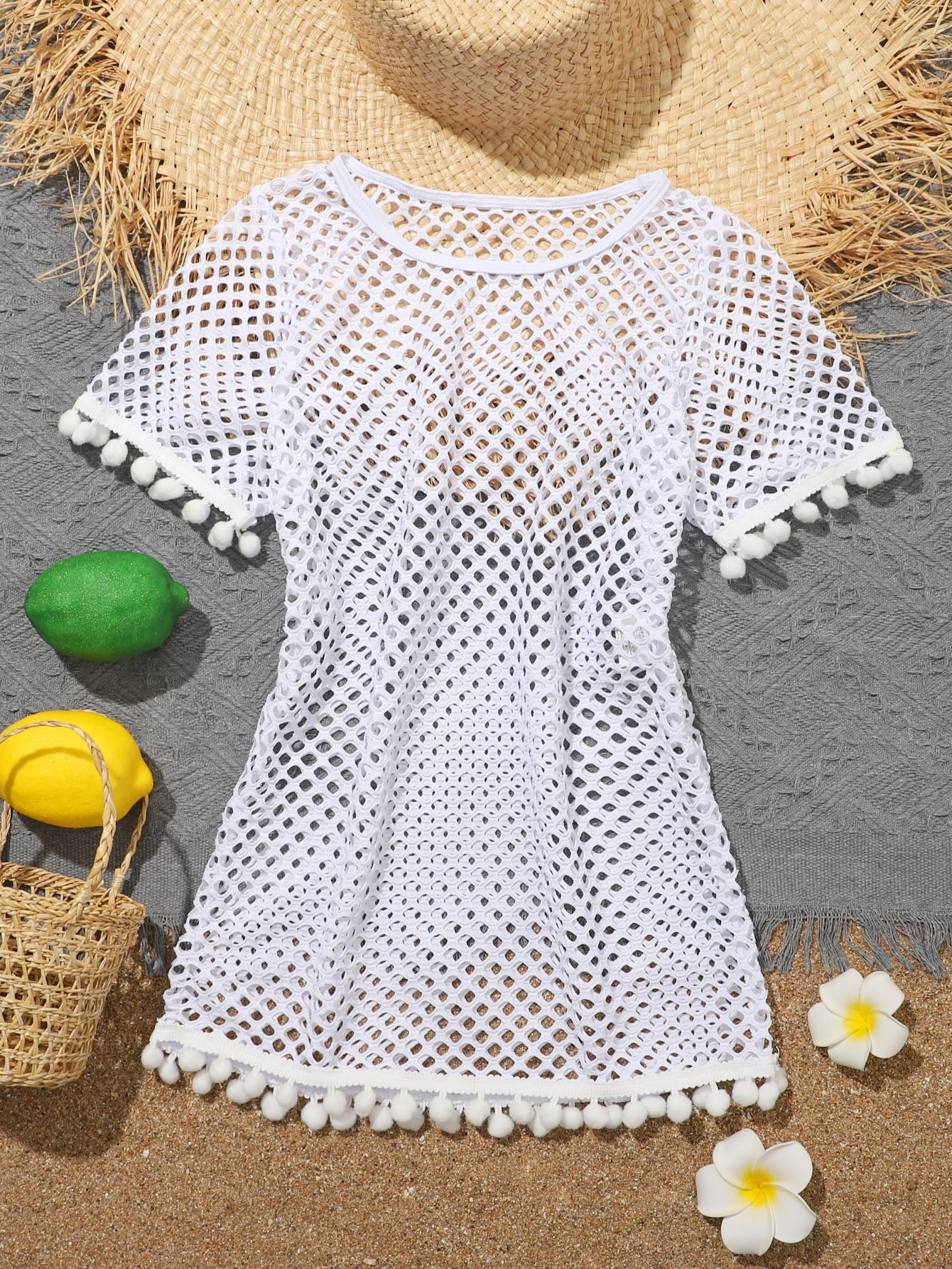 Tween Girl Fishnet Pom-Pom Decor Cover Up Summer Holiday