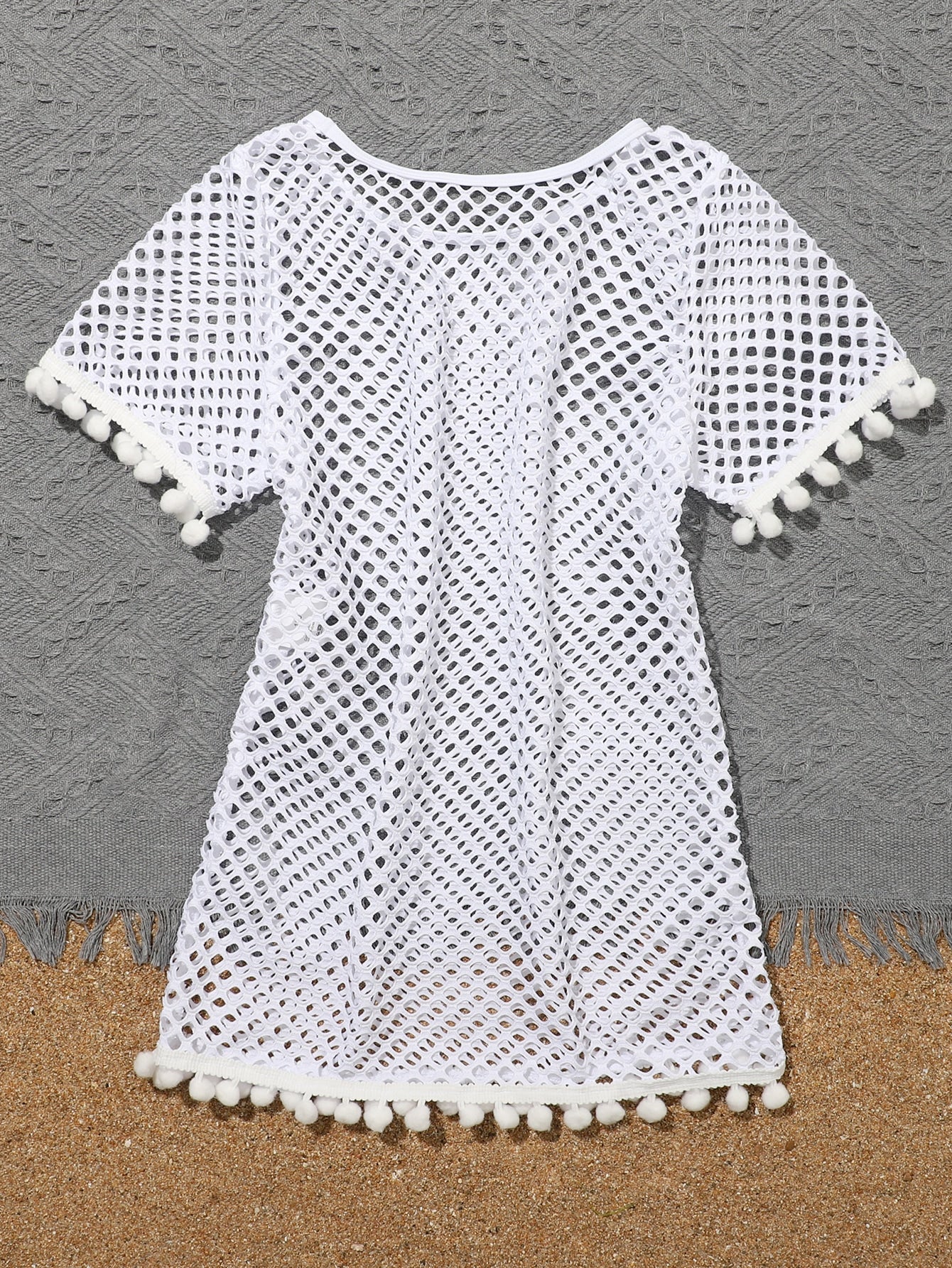 Tween Girl Fishnet Pom-Pom Decor Cover Up Summer Holiday