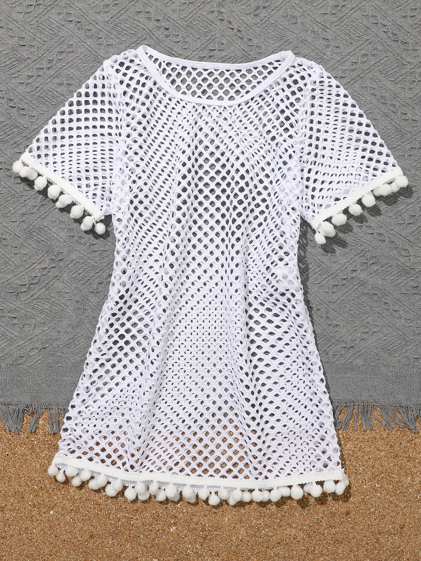 Tween Girl Fishnet Pom-Pom Decor Cover Up Summer Holiday