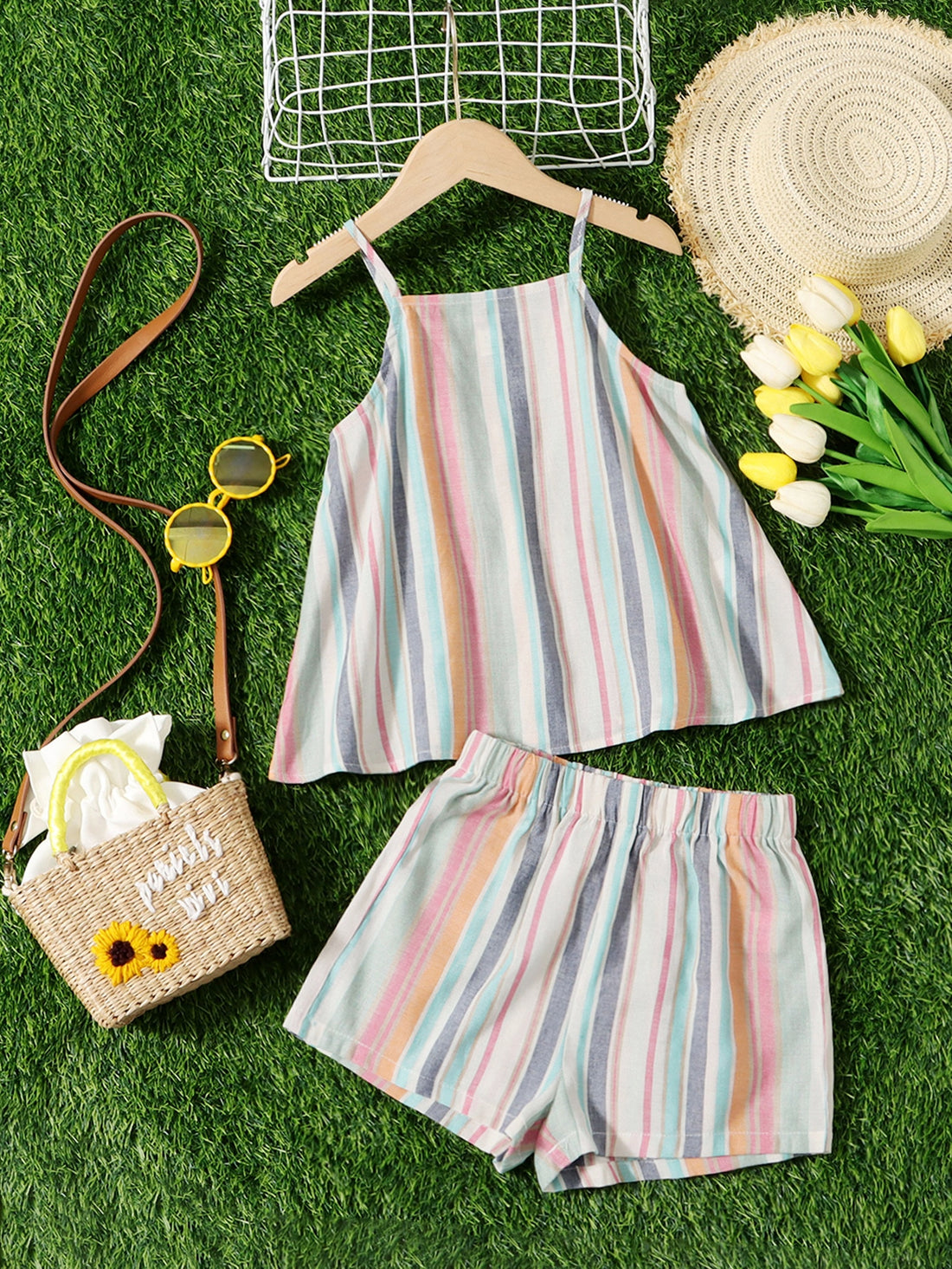 Tween girl wearing a multicolor rainbow striped camisole top with spaghetti straps and matching boho shorts.