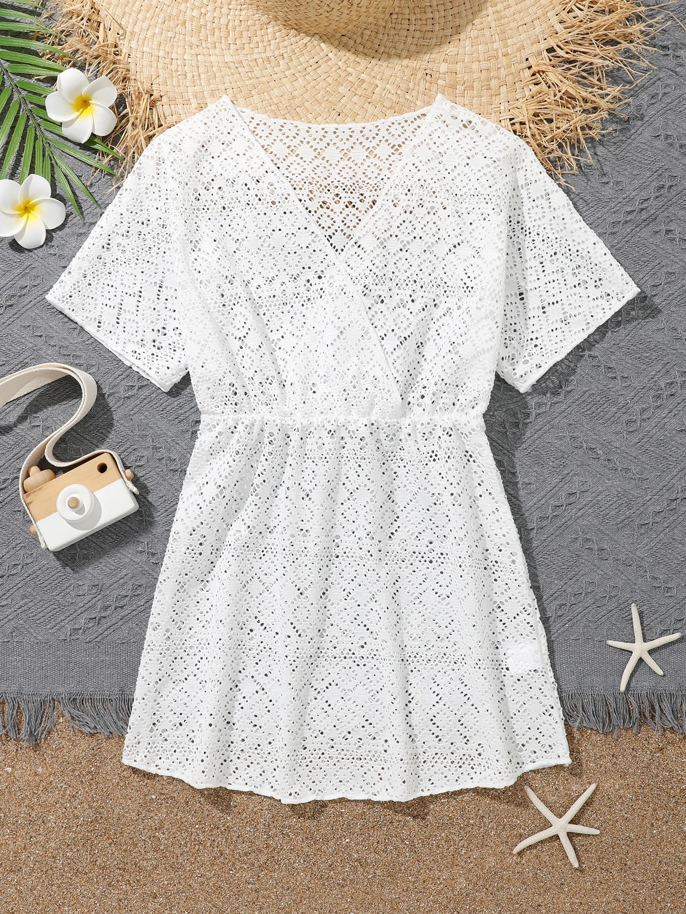 Tween girl solid hollow out cover up with V neck, sheer long silhouette, and short sleeves for beachwear