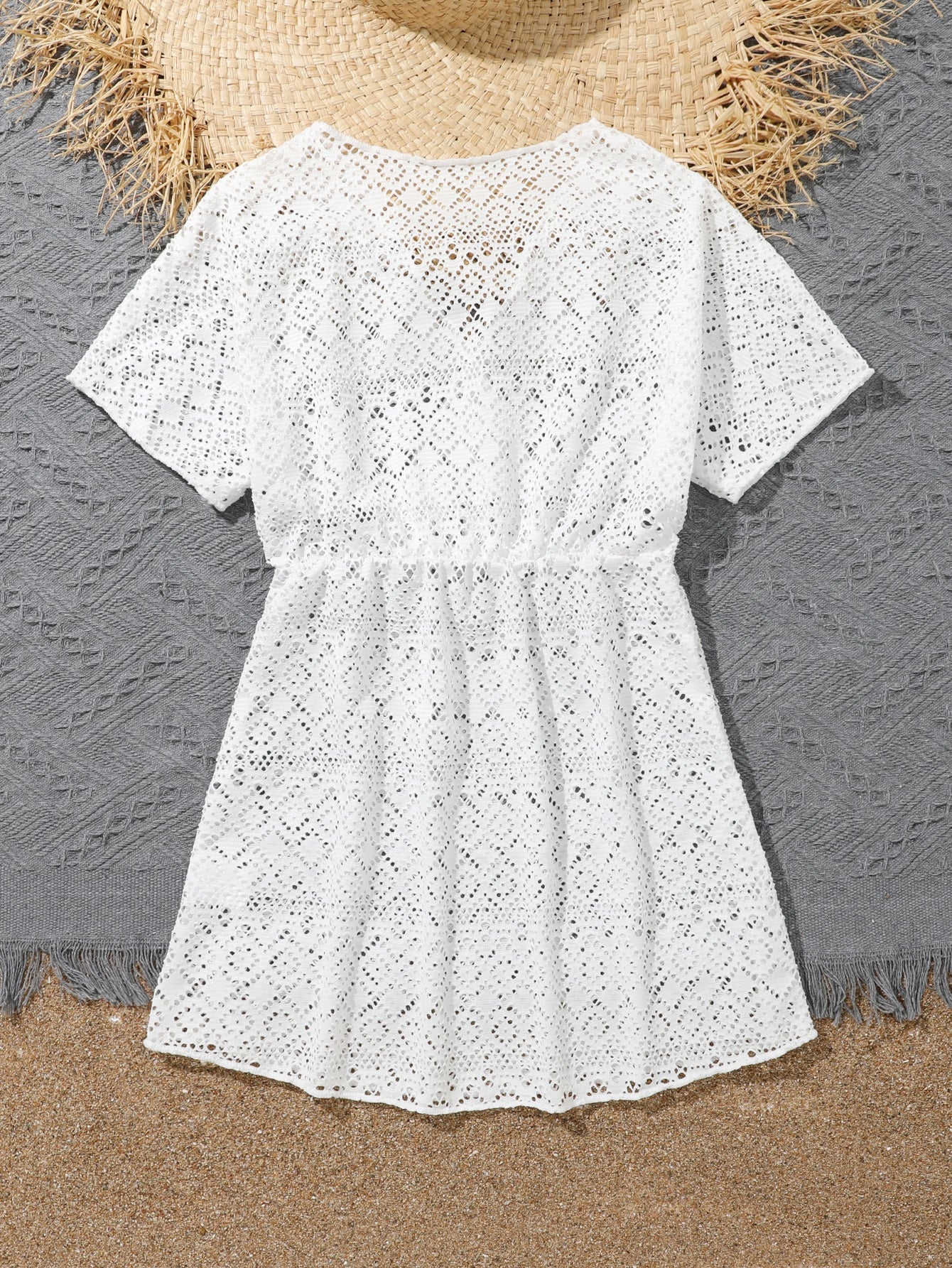 Tween girl solid hollow out cover up with V neck, sheer long silhouette, and short sleeves for beachwear