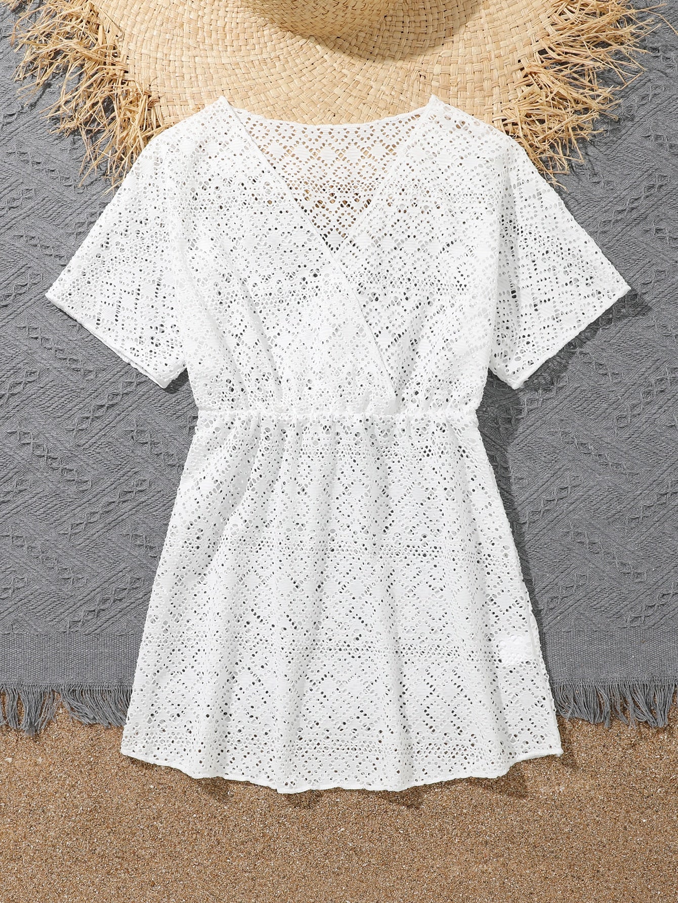 Tween girl solid hollow out cover up with V neck, sheer long silhouette, and short sleeves for beachwear