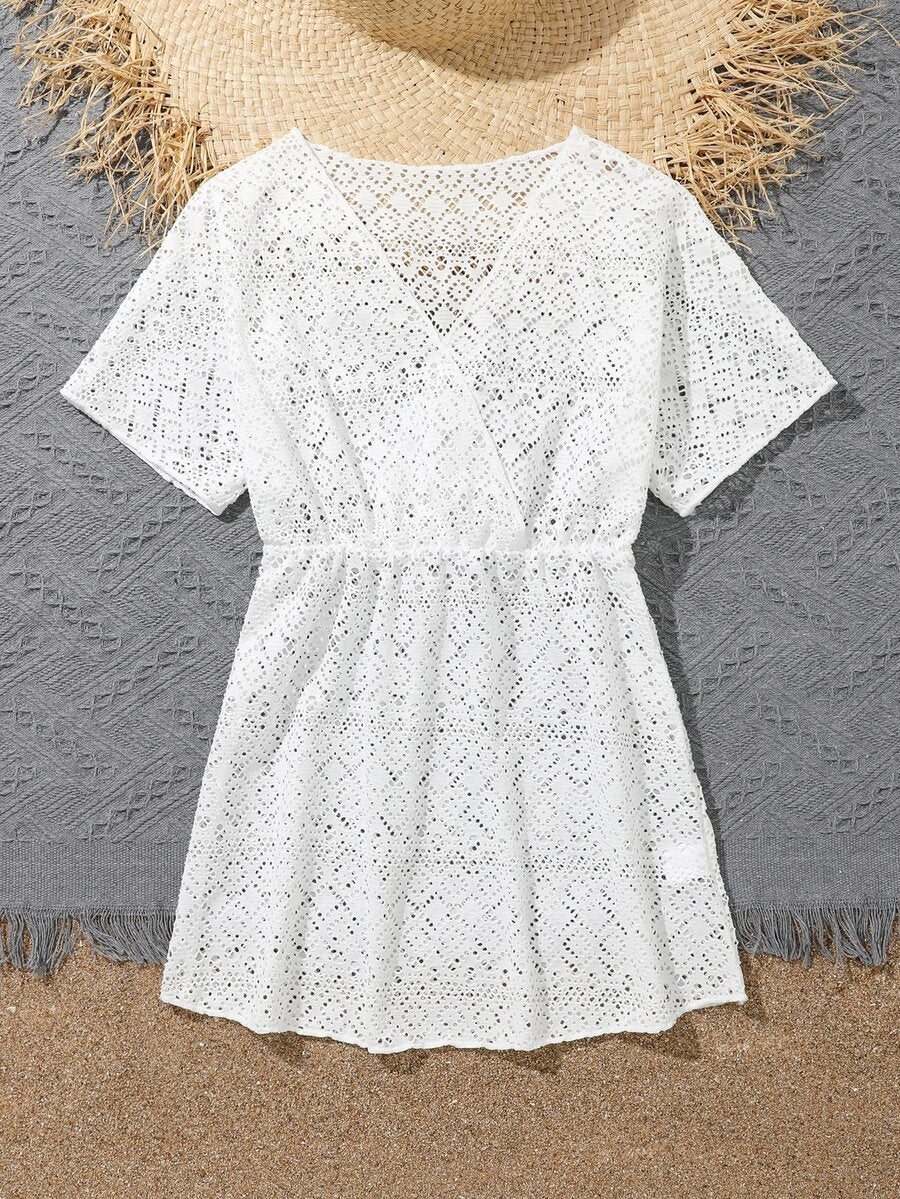 Girls long black beach cover-up dress with V-neck, short sleeves, sheer polyester fabric, contrast sequin detail, and zipper