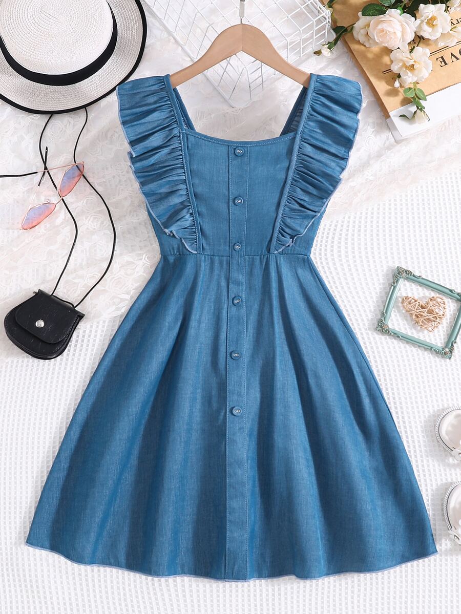Vintaside tween girls sleeveless blue A-line dress featuring ruffle trim, square neckline, button front, and shirred back.