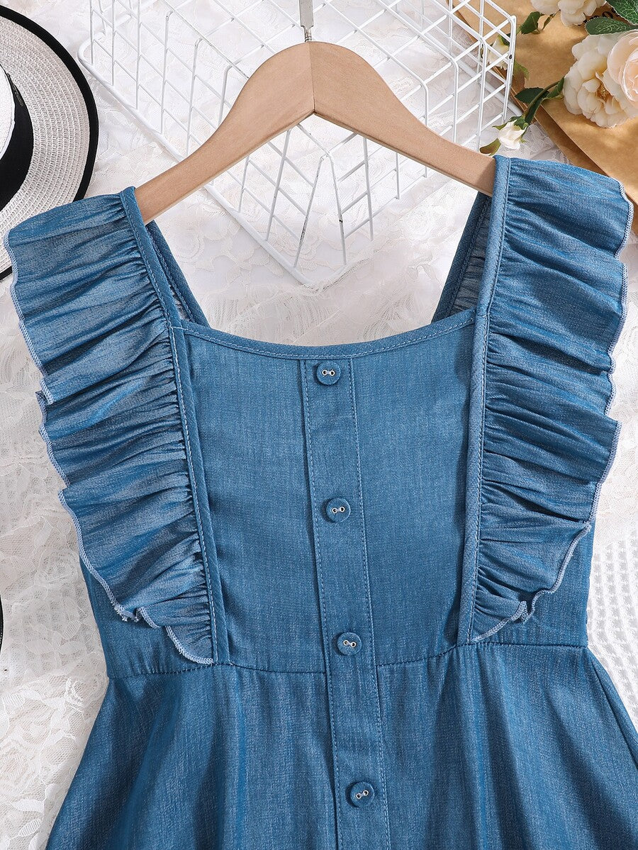 Vintaside tween girls sleeveless blue A-line dress featuring ruffle trim, square neckline, button front, and shirred back.