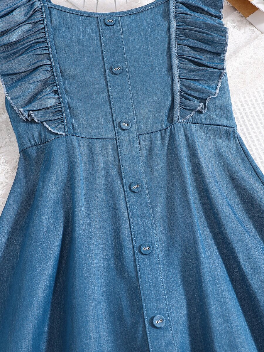 Vintaside tween girls sleeveless blue A-line dress featuring ruffle trim, square neckline, button front, and shirred back.