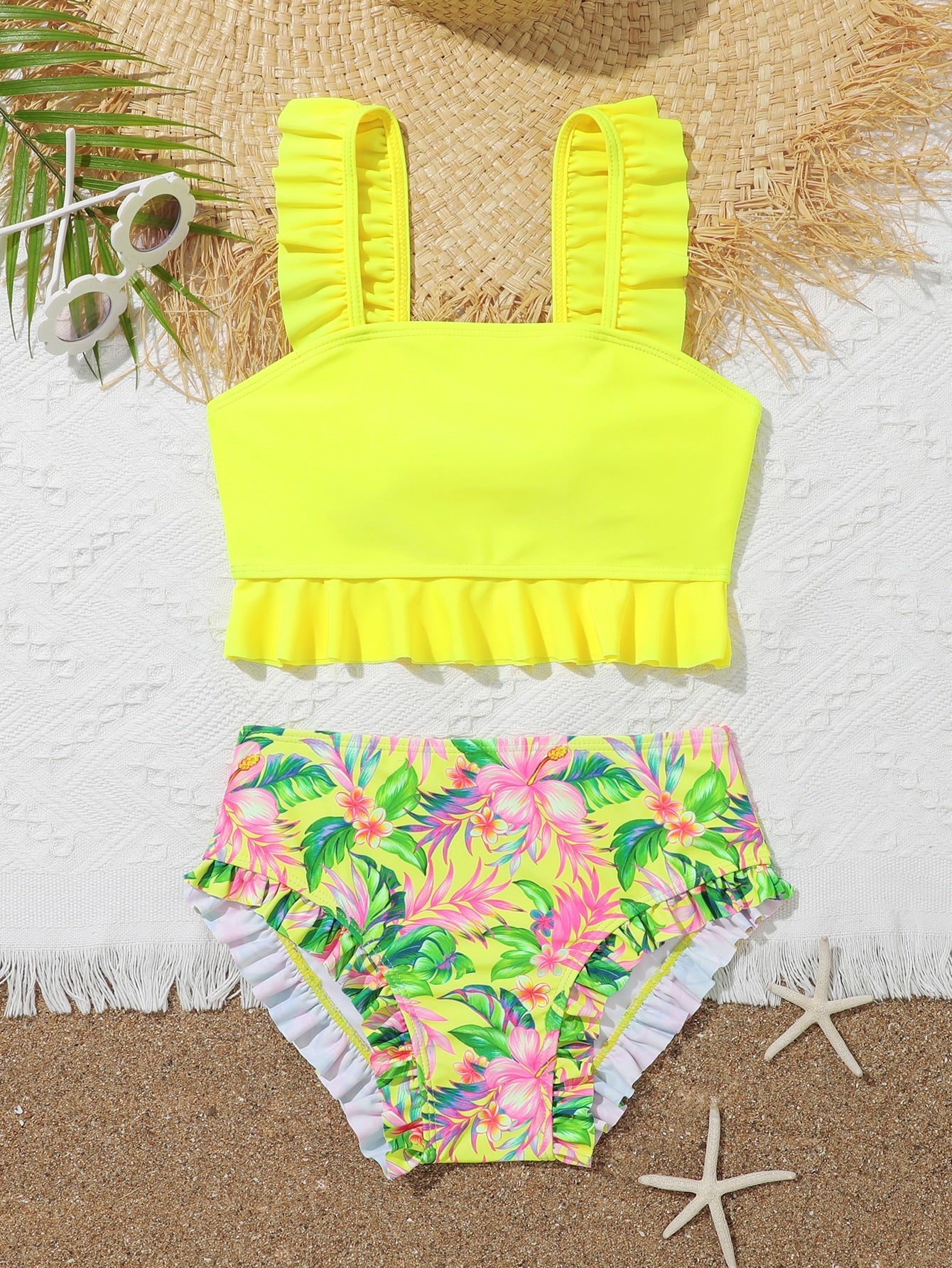 Tween girls solid color 2-piece bikini swimwear set with ruffle detail, strap neckline, wireless bikini top, and triangle mid-waist bikini bottoms; textured pattern with lined bottoms and high-stretch fabric, suitable for summer vacation.