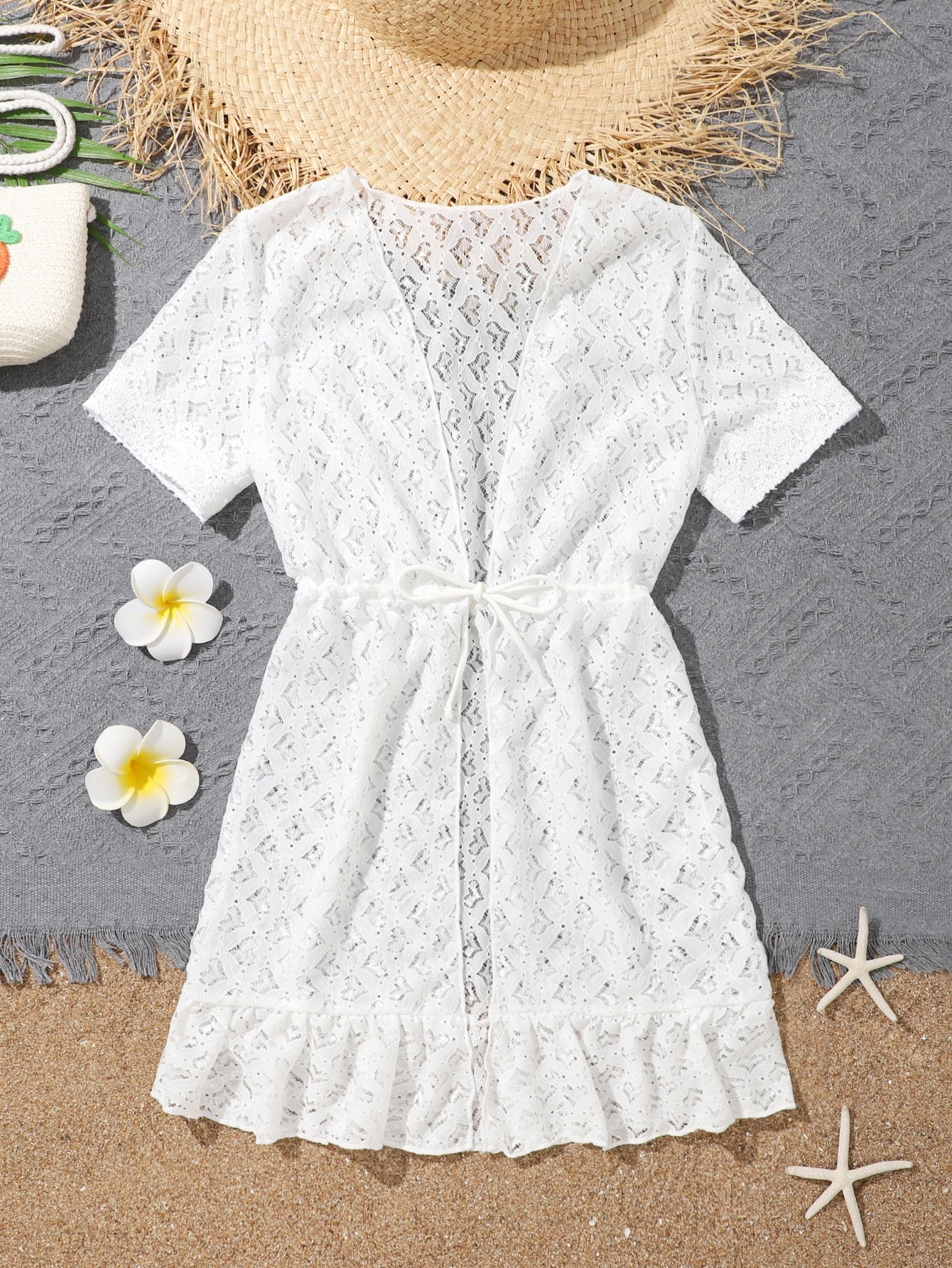 White tween girls sheer mesh kimono with ruffle hem, tie front, short sleeves, and short length for summer holiday beachwear.