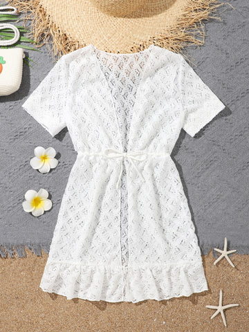 White tween girls sheer mesh kimono with ruffle hem, tie front, short sleeves, and short length for summer holiday beachwear.
