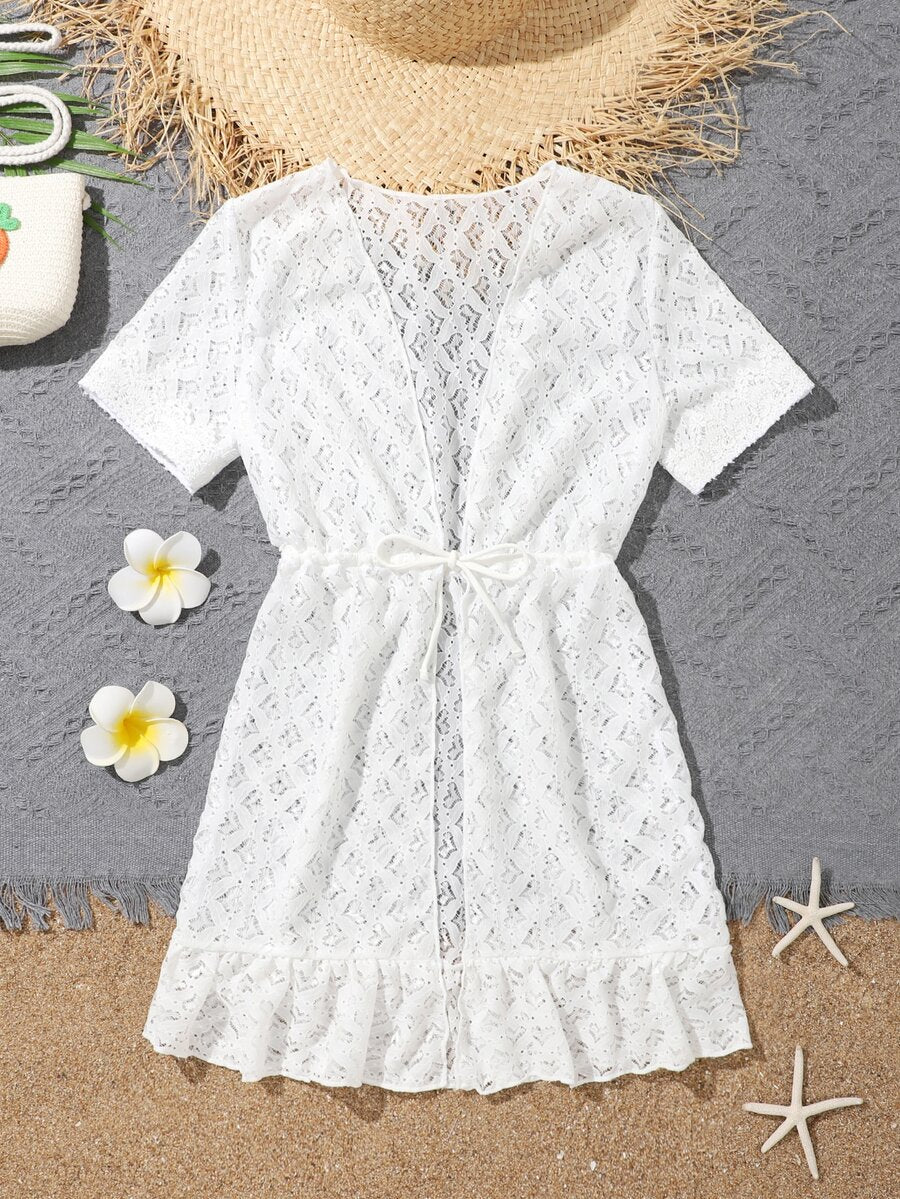 White tween girls sheer mesh kimono with ruffle hem, tie front, short sleeves, and short length for summer holiday beachwear.