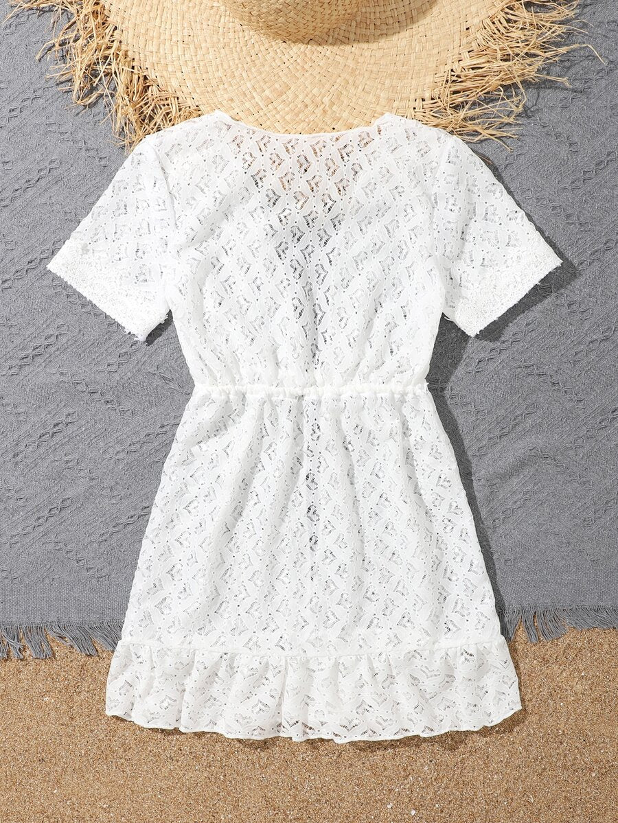White tween girls sheer mesh kimono with ruffle hem, tie front, short sleeves, and short length for summer holiday beachwear.