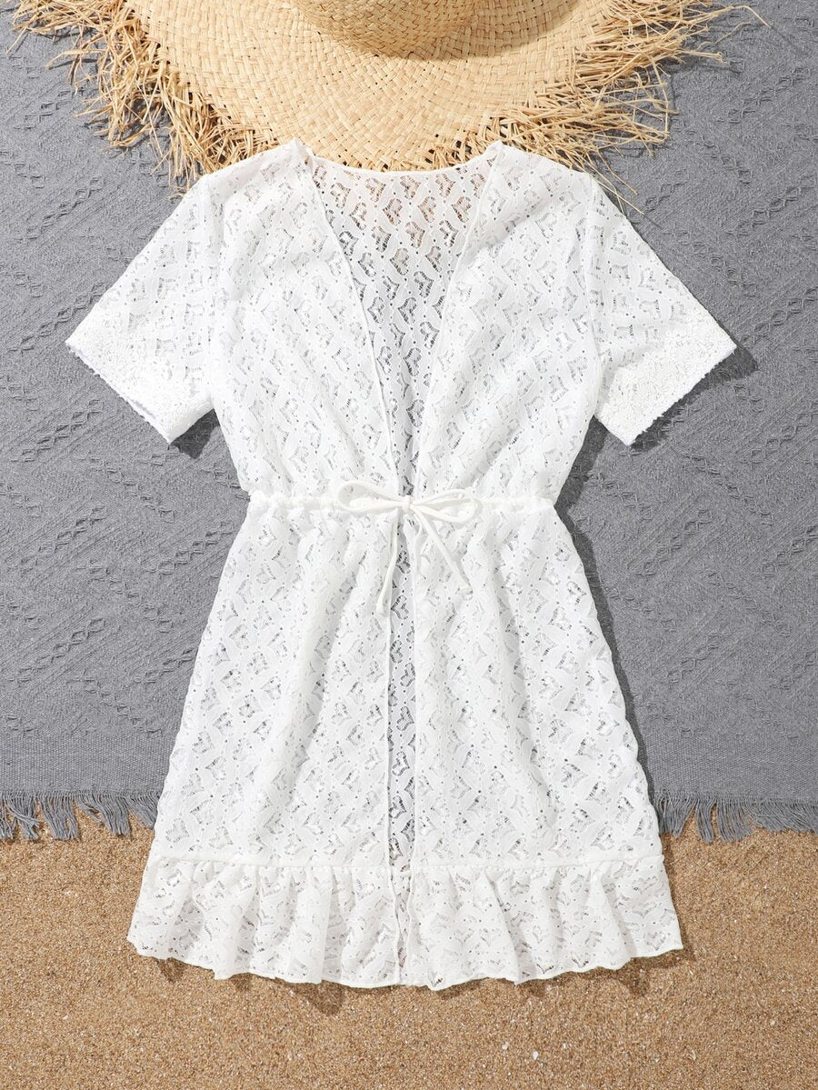 White tween girls sheer mesh kimono with ruffle hem, tie front, short sleeves, and short length for summer holiday beachwear.
