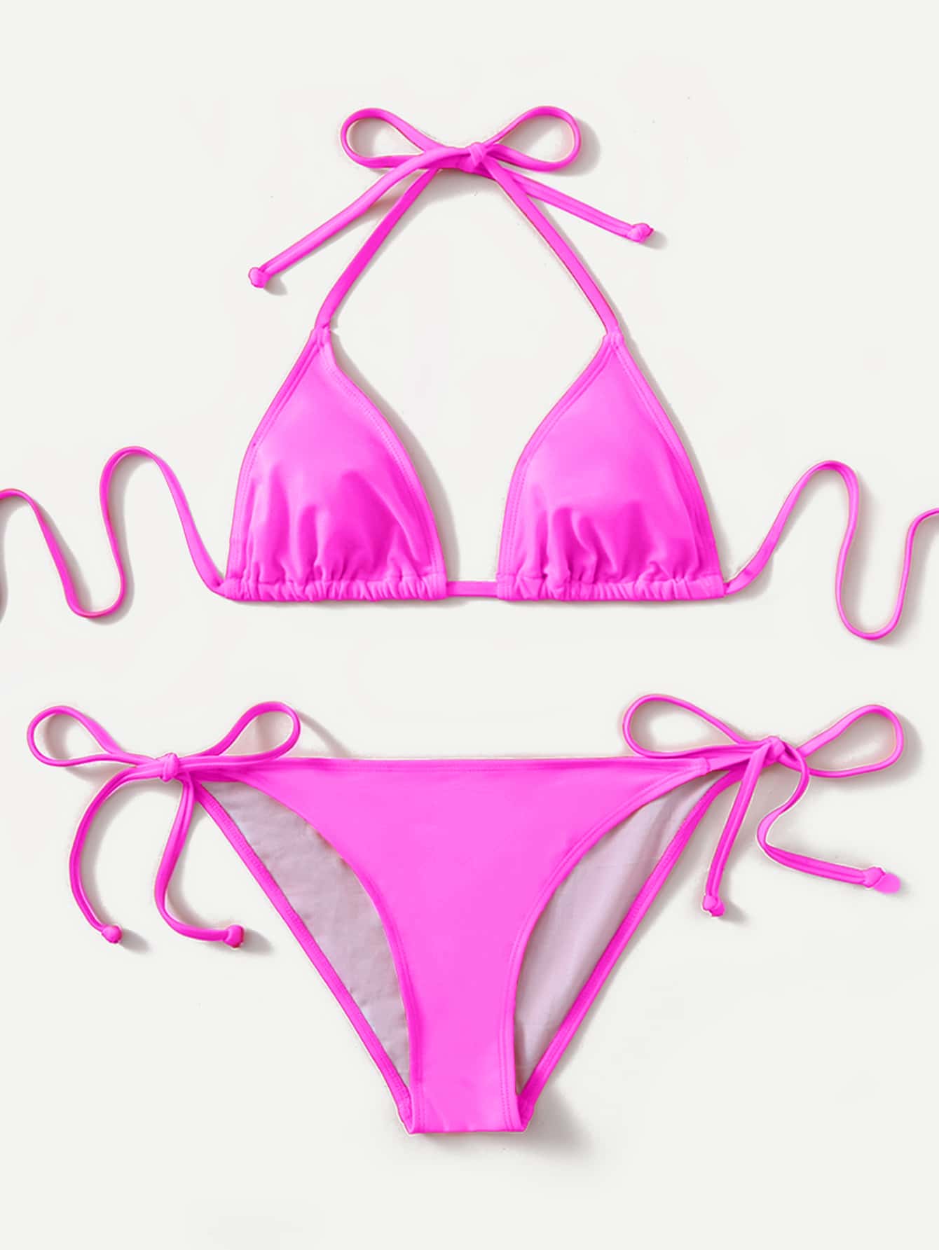 Women's high waist halter tie bikini swimwear set featuring triangle cups, wireless bra with removable padding, and tie side bottoms.