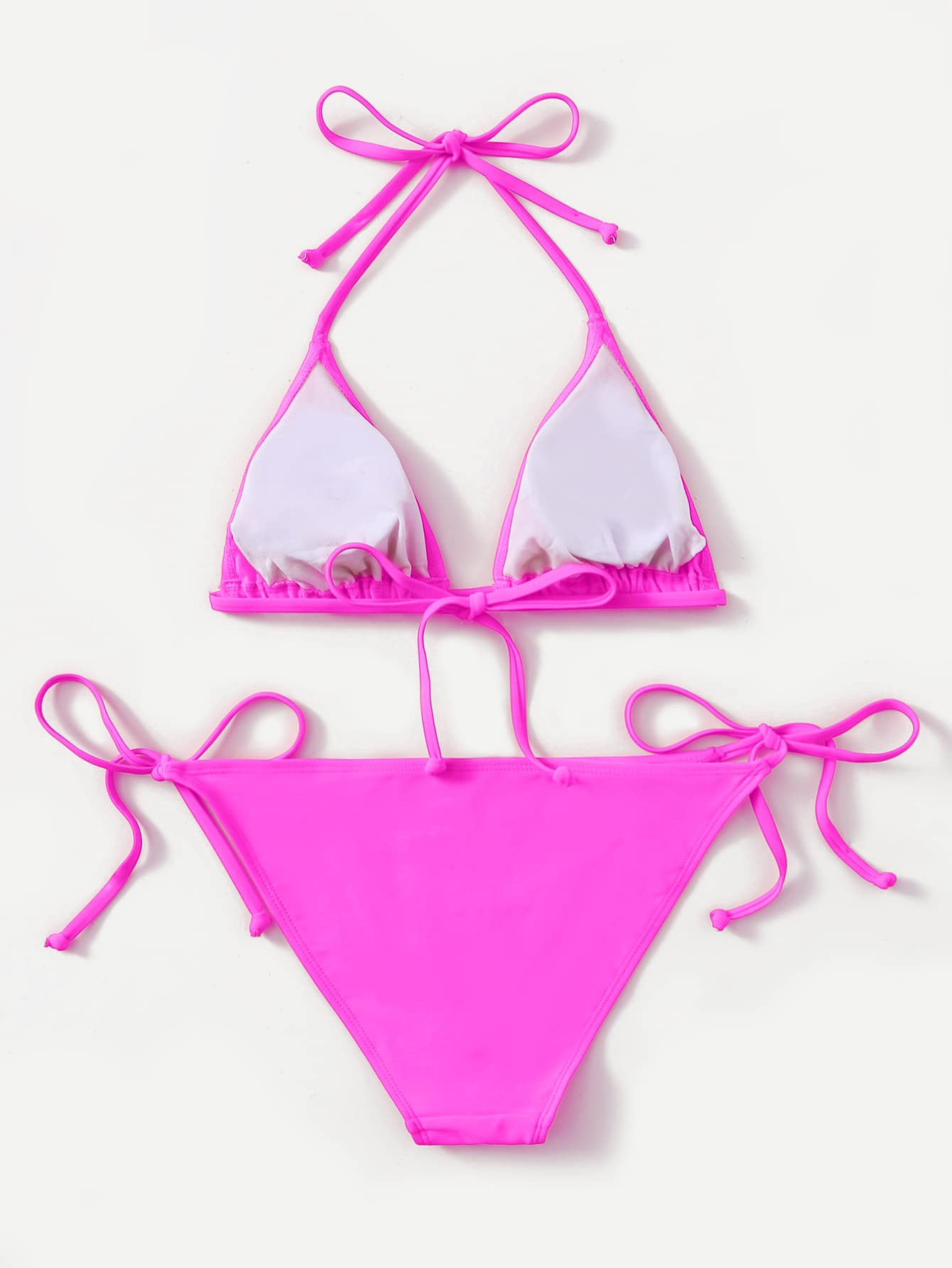 Women's high waist halter tie bikini swimwear set featuring triangle cups, wireless bra with removable padding, and tie side bottoms.