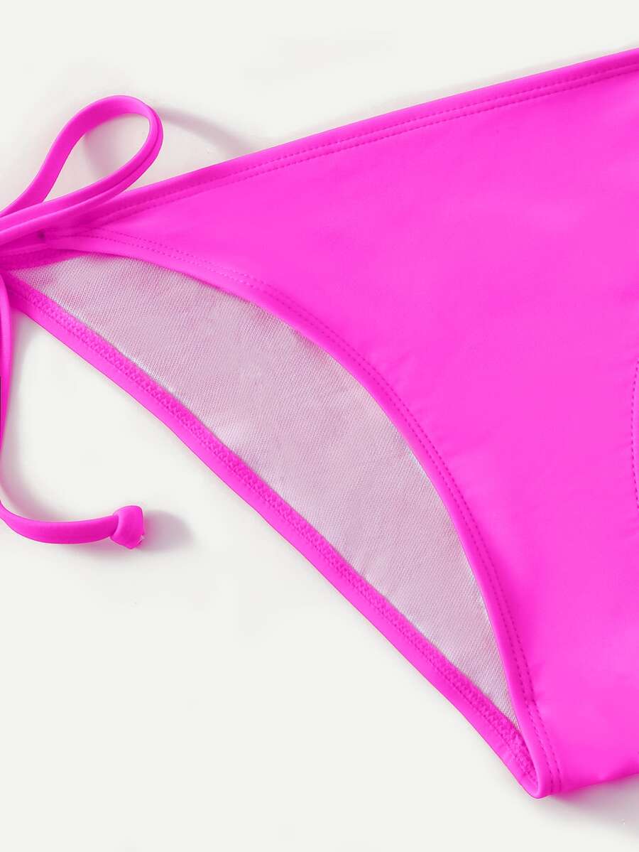 Women's high waist halter tie bikini swimwear set featuring triangle cups, wireless bra with removable padding, and tie side bottoms.