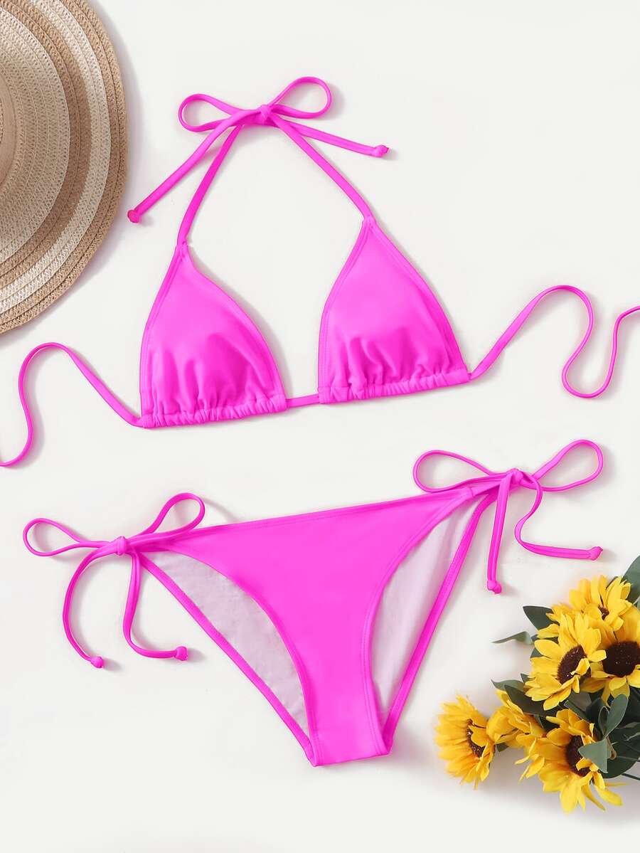 Women's high waist halter tie bikini swimwear set featuring triangle cups, wireless bra with removable padding, and tie side bottoms.