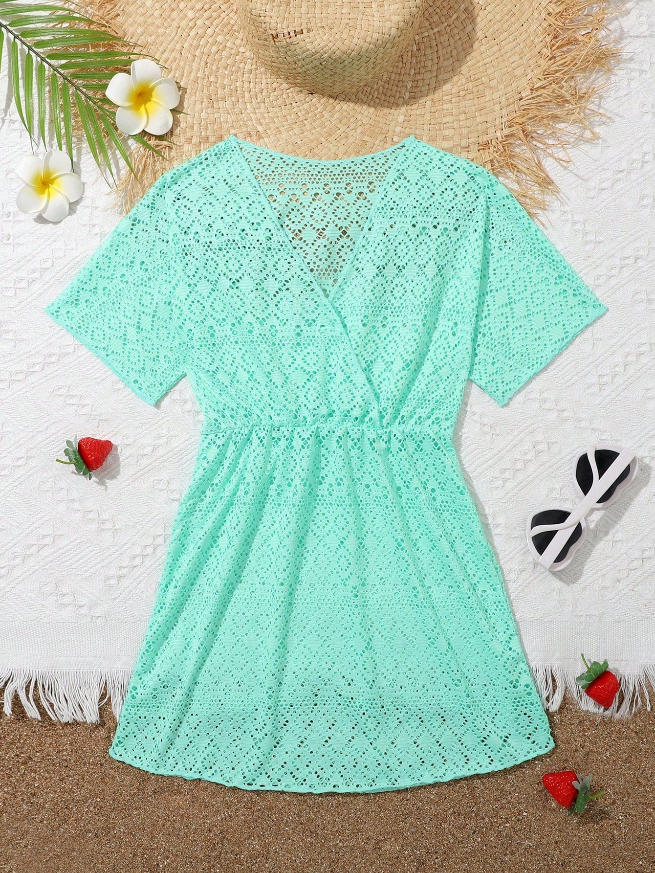 Tween girl solid hollow out cover up with V neck, sheer long silhouette, and short sleeves for beachwear