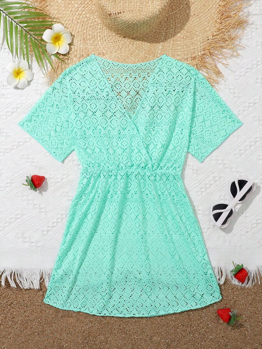 Girls long black beach cover-up dress with V-neck, short sleeves, sheer polyester fabric, contrast sequin detail, and zipper