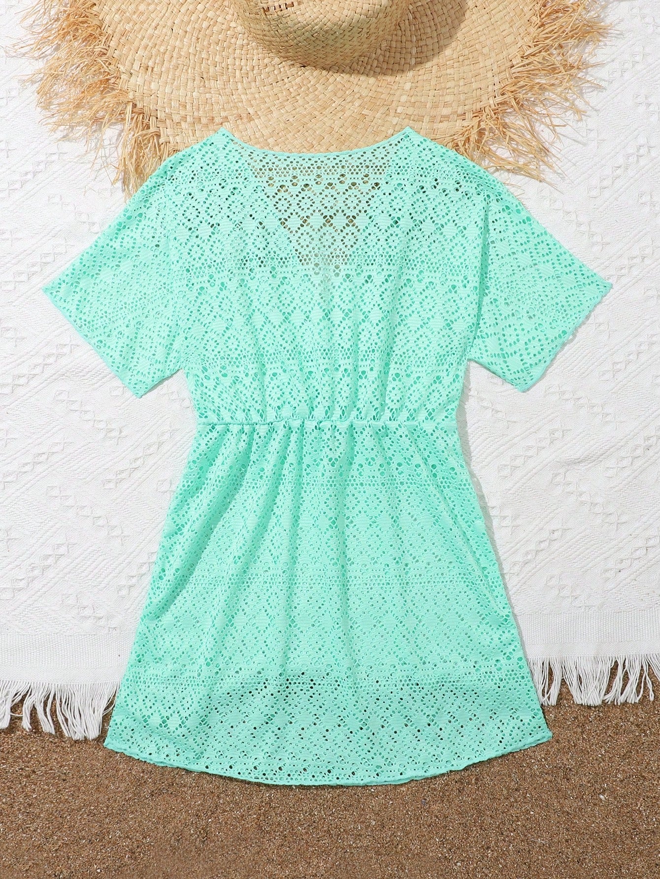 Tween girl solid hollow out cover up with V neck, sheer long silhouette, and short sleeves for beachwear