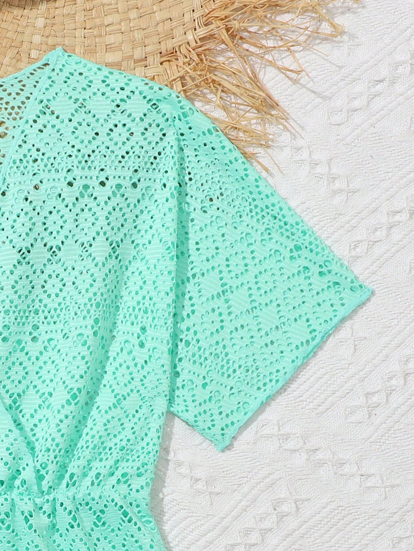 Tween girl solid hollow out cover up with V neck, sheer long silhouette, and short sleeves for beachwear