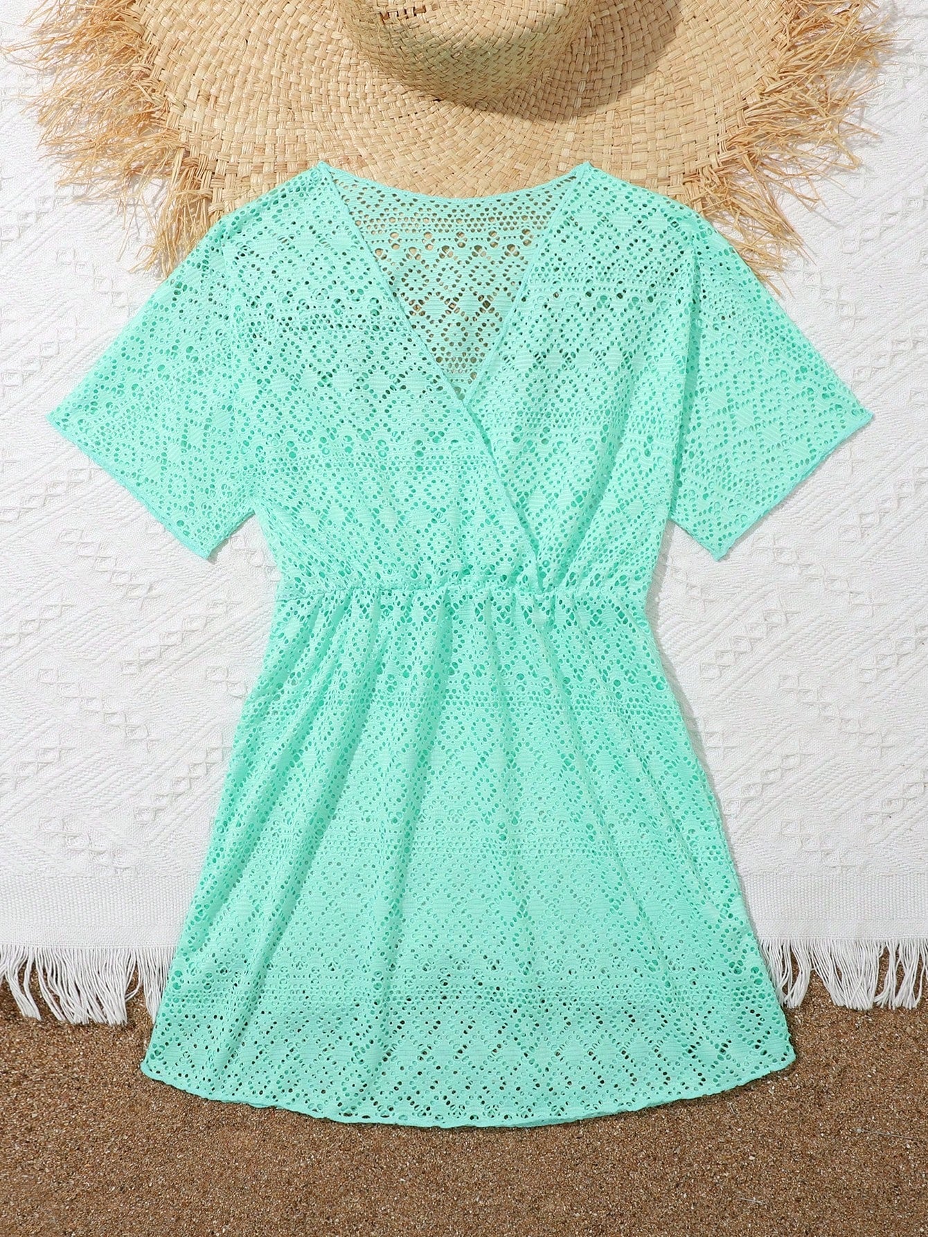 Tween girl solid hollow out cover up with V neck, sheer long silhouette, and short sleeves for beachwear