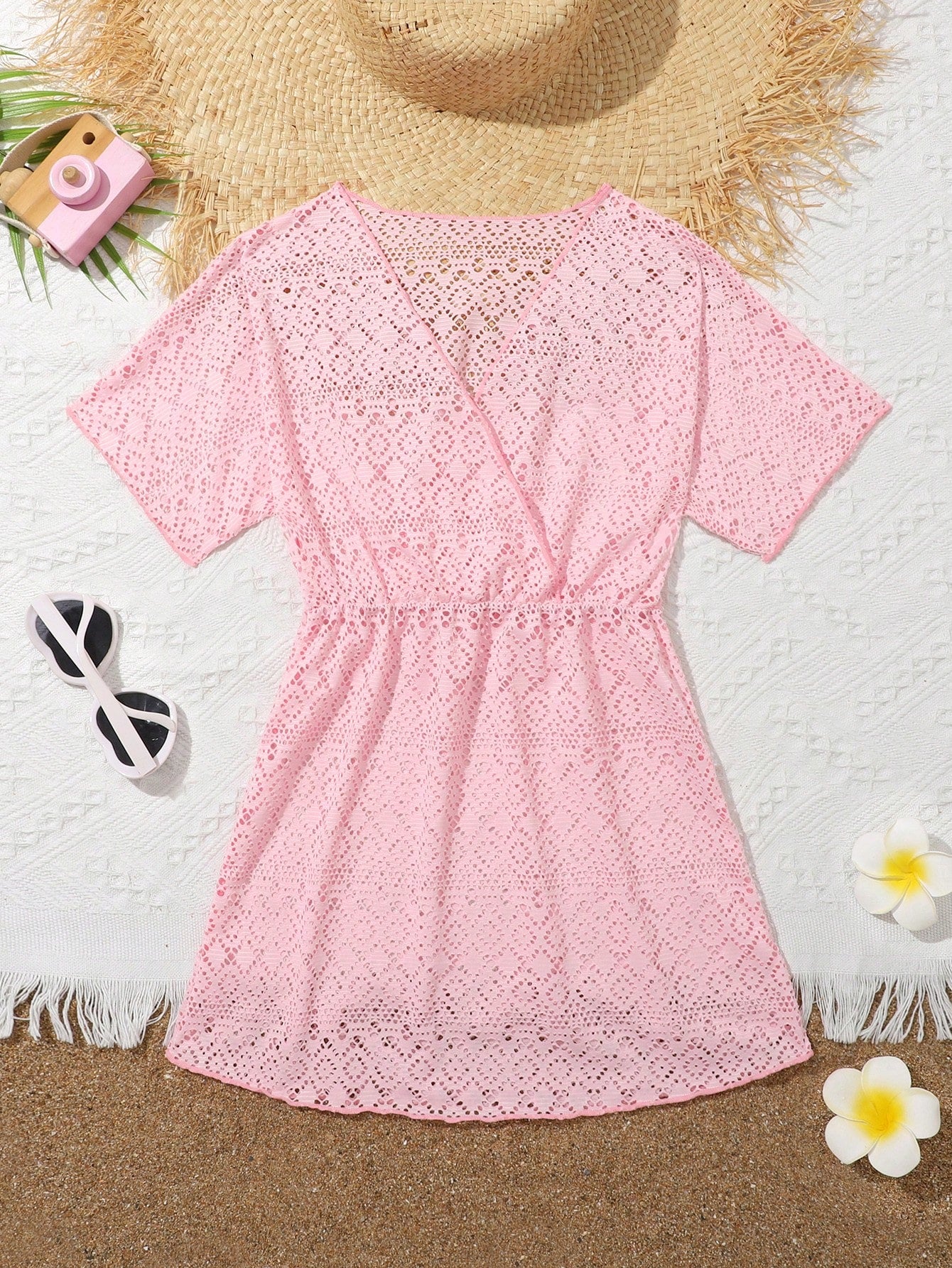 Tween girl solid hollow out cover up with V neck, sheer long silhouette, and short sleeves for beachwear