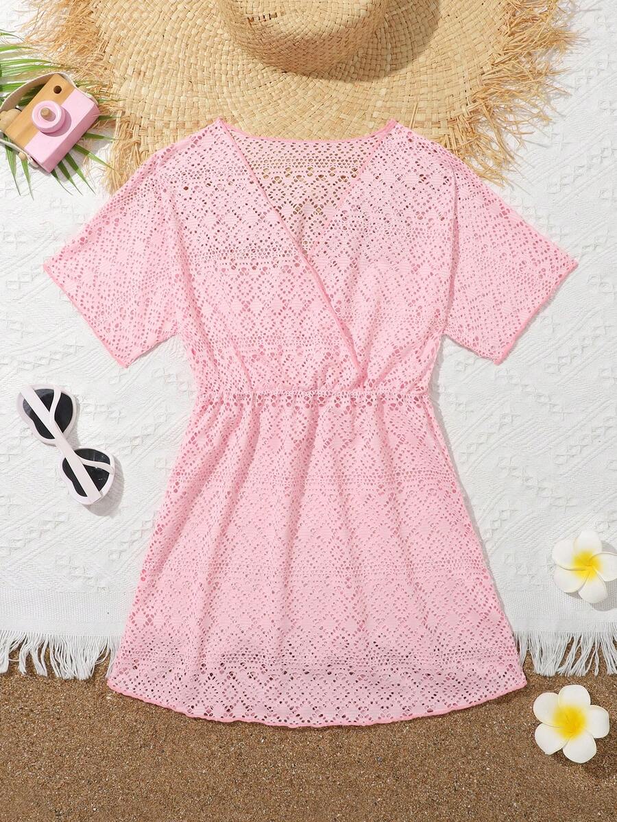 Girls long black beach cover-up dress with V-neck, short sleeves, sheer polyester fabric, contrast sequin detail, and zipper