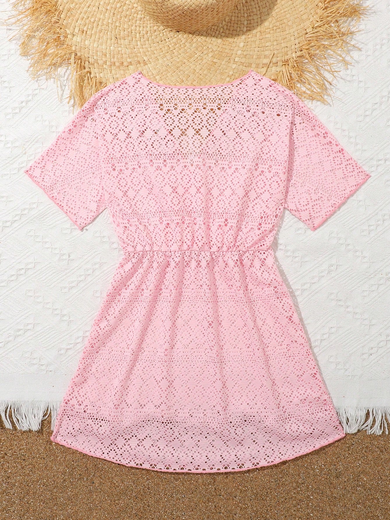 Tween girl solid hollow out cover up with V neck, sheer long silhouette, and short sleeves for beachwear