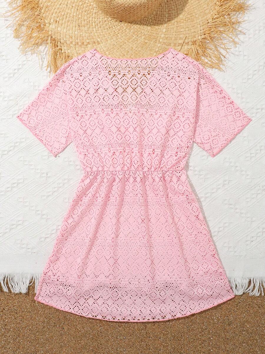 Girls long black beach cover-up dress with V-neck, short sleeves, sheer polyester fabric, contrast sequin detail, and zipper
