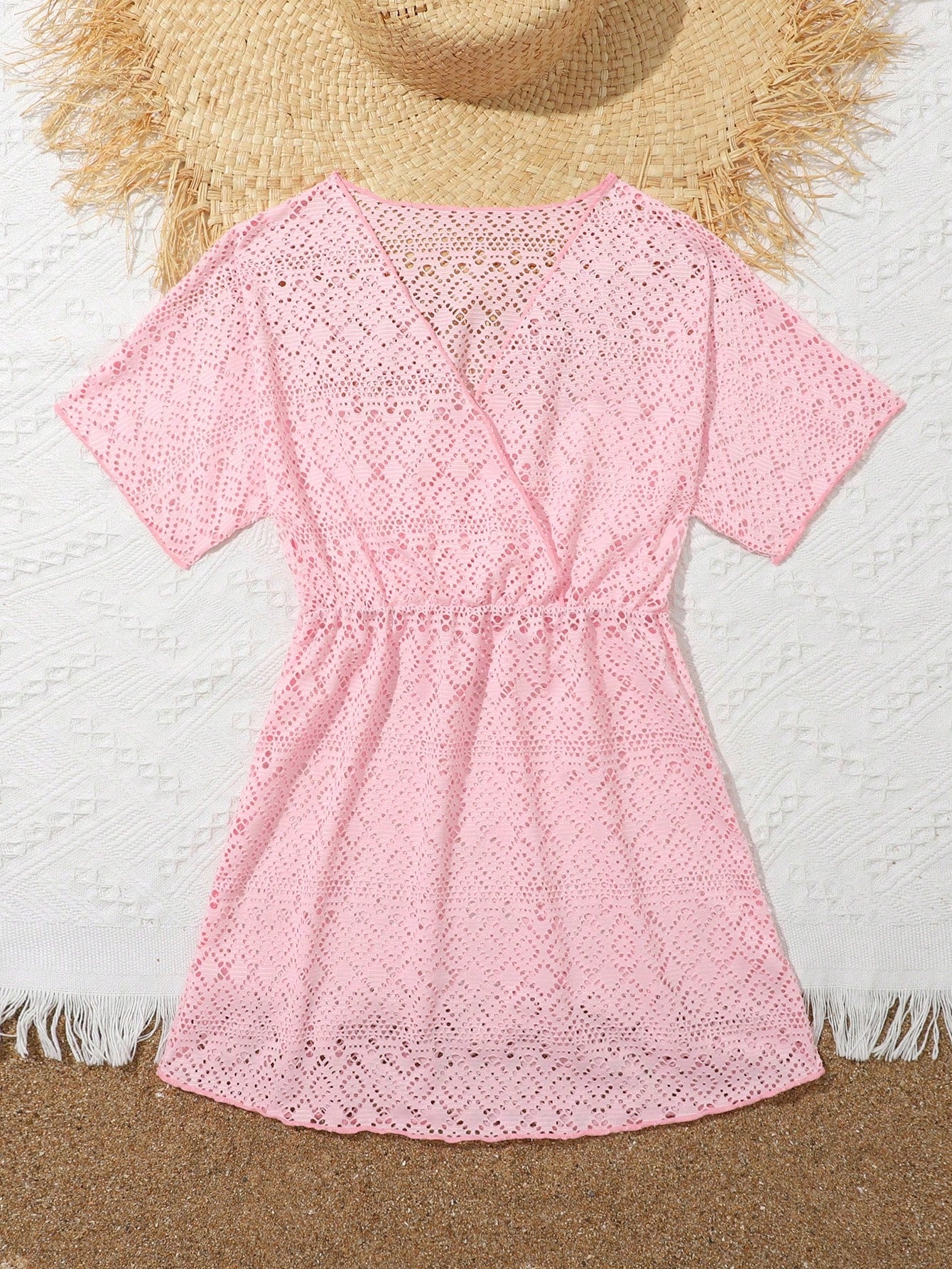Tween girl solid hollow out cover up with V neck, sheer long silhouette, and short sleeves for beachwear