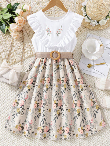 Vintaside tween girls multicolor floral print dress featuring ruffle flounce trim, round neck, high waist with belt, and flared knee length hem.