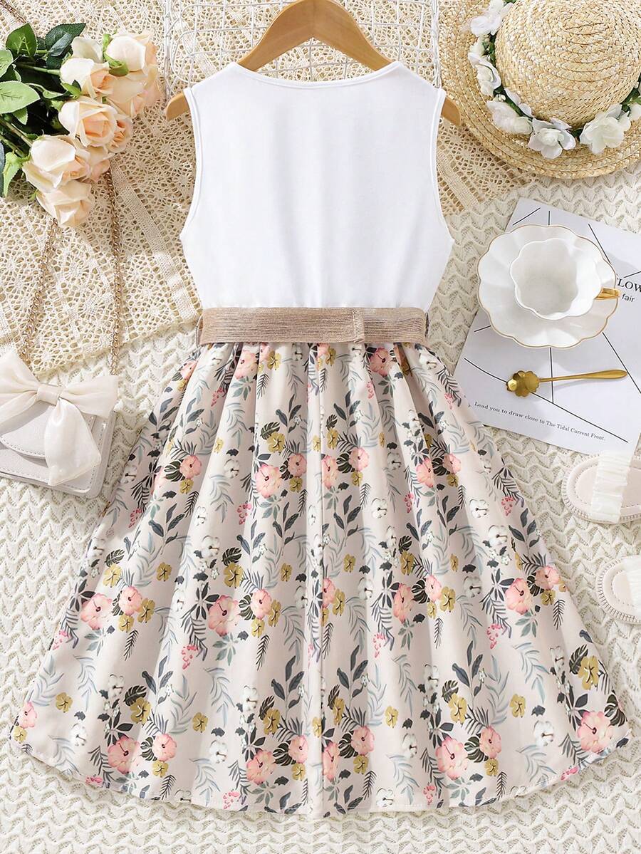 Vintaside tween girls multicolor floral print dress featuring ruffle flounce trim, round neck, high waist with belt, and flared knee length hem.