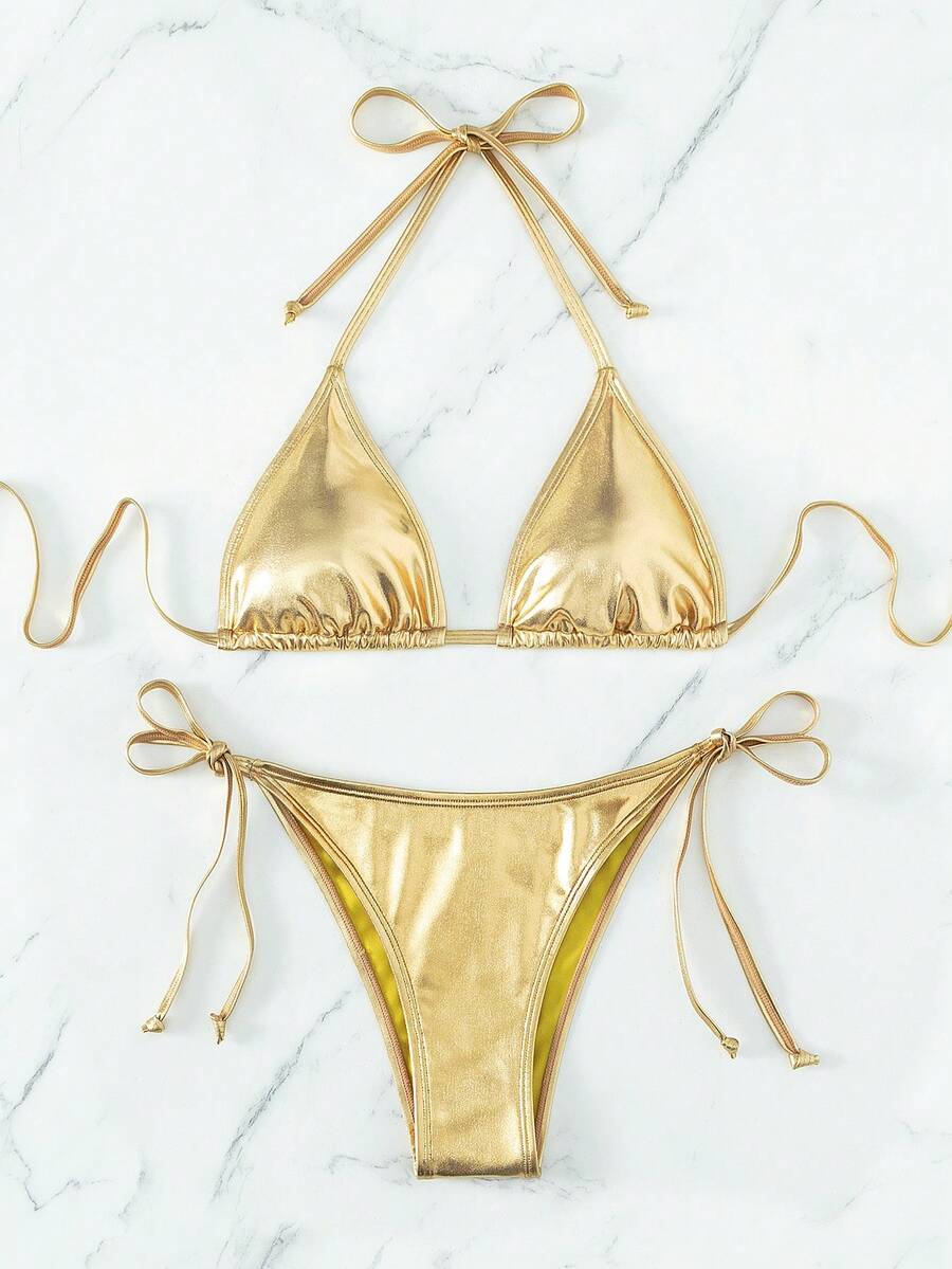 Women's two-piece halter triangle bikini set featuring tie-side high-waist bottoms and tie-back top.