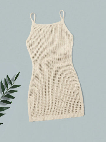 Tween girl plain knitted sheer long cover up with spaghetti straps and sleeveless design in white polyester fabric for beachwear