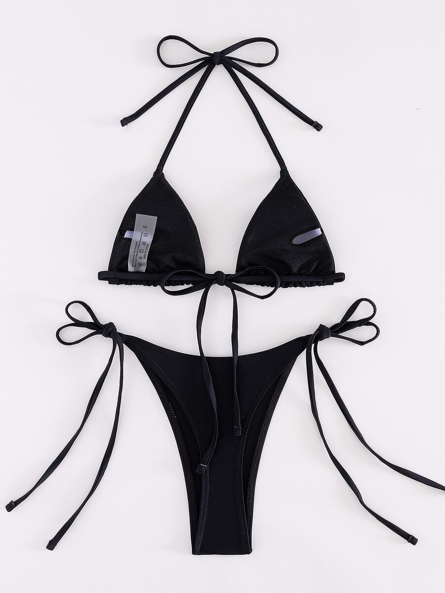 Women's two-piece bikini swimwear featuring a halter neck push-up top with tie-back details and low-waist tie-side swimsuit bottoms.