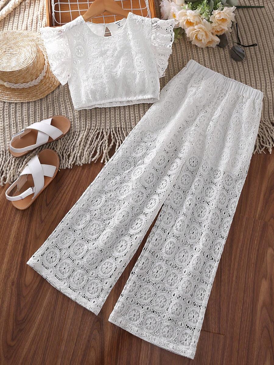 White 2-piece summer outfit set for tween girls featuring a sleeveless round neck ruffle trim lace top and matching cropped pants.