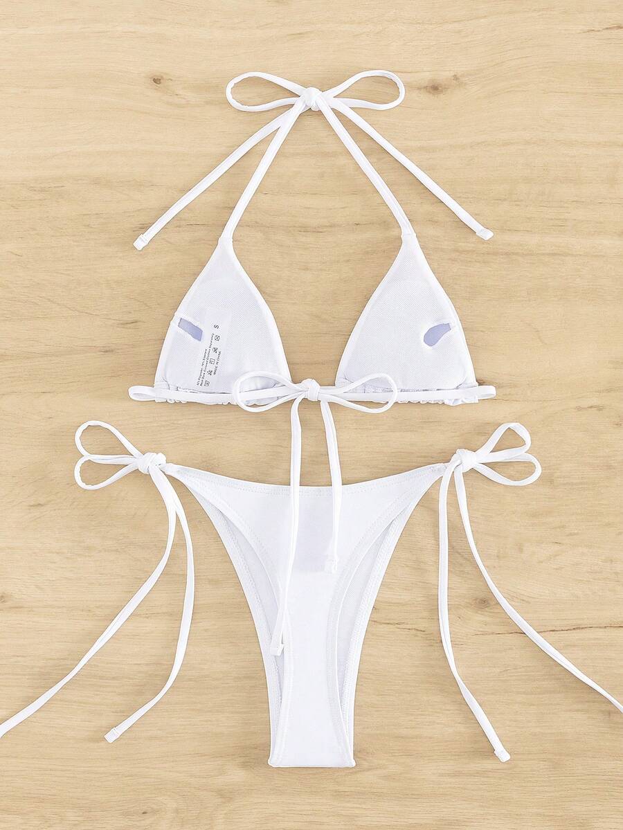 Women's two-piece bikini swimwear featuring a halter neck push-up top with tie-back details and low-waist tie-side swimsuit bottoms.