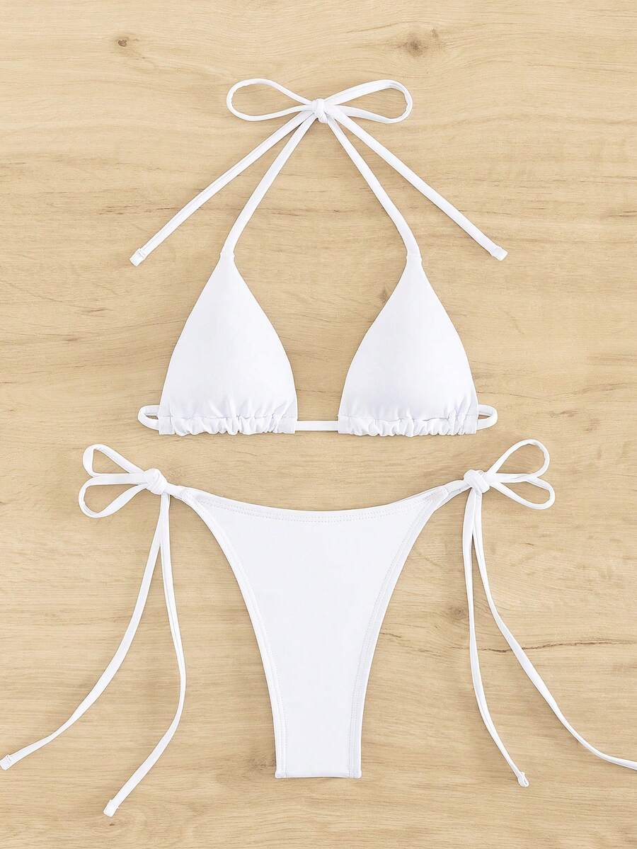 Women's two-piece bikini swimwear featuring a halter neck push-up top with tie-back details and low-waist tie-side swimsuit bottoms.