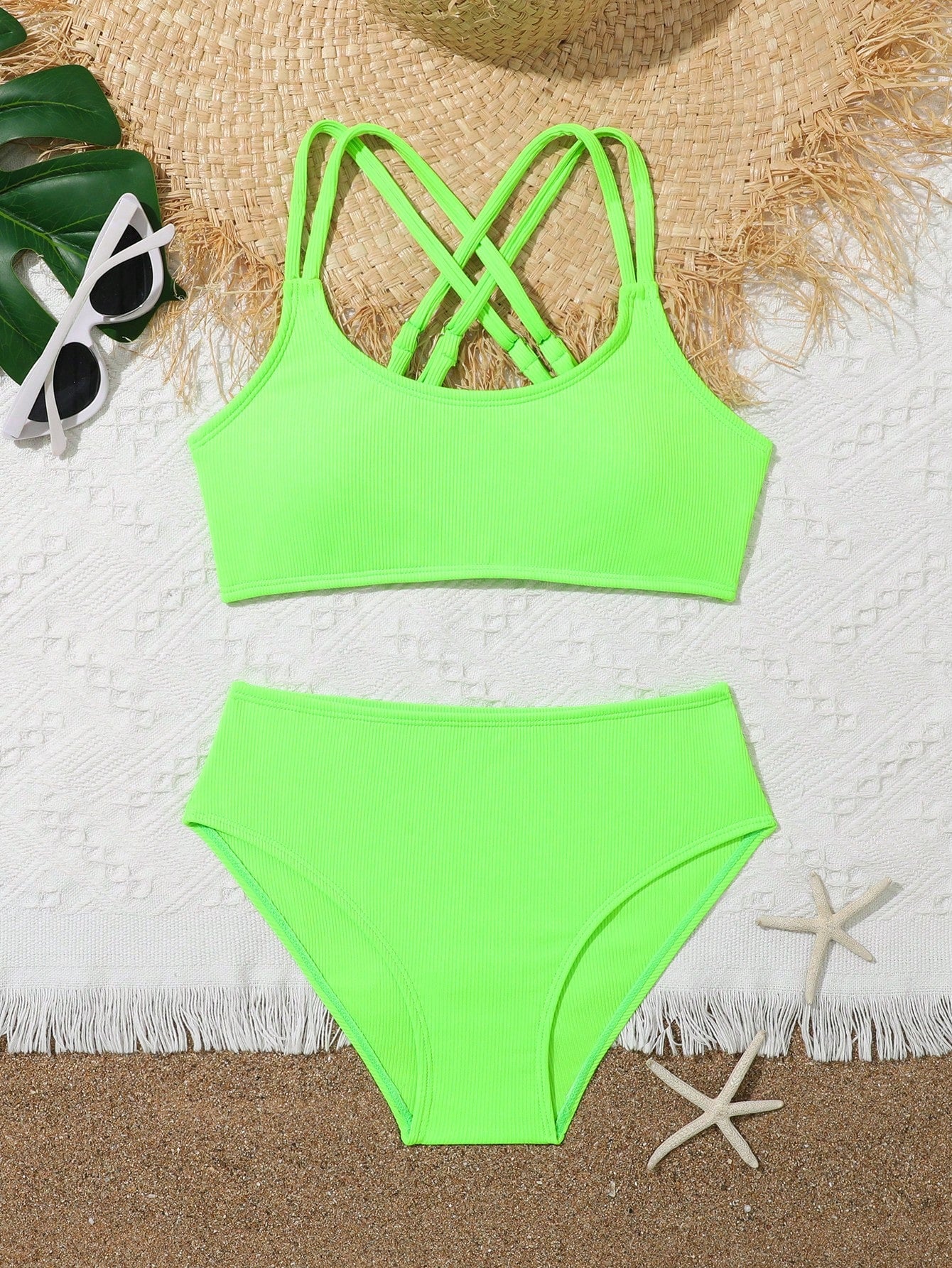 Tween Girls Bikini Sets Orange Summer Modest Activewear Beach Holiday,Knitted Ribbed Two Pieces Swimwear Crisscross Back Tank Top With Briefs Set